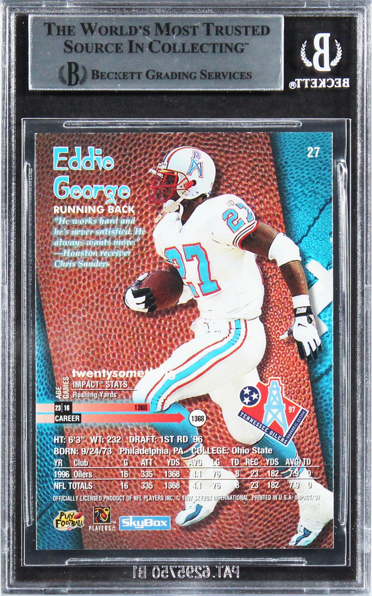 Oilers Eddie George Authentic Signed 1997 Skybox Impact #27 Card BAS Slabbed