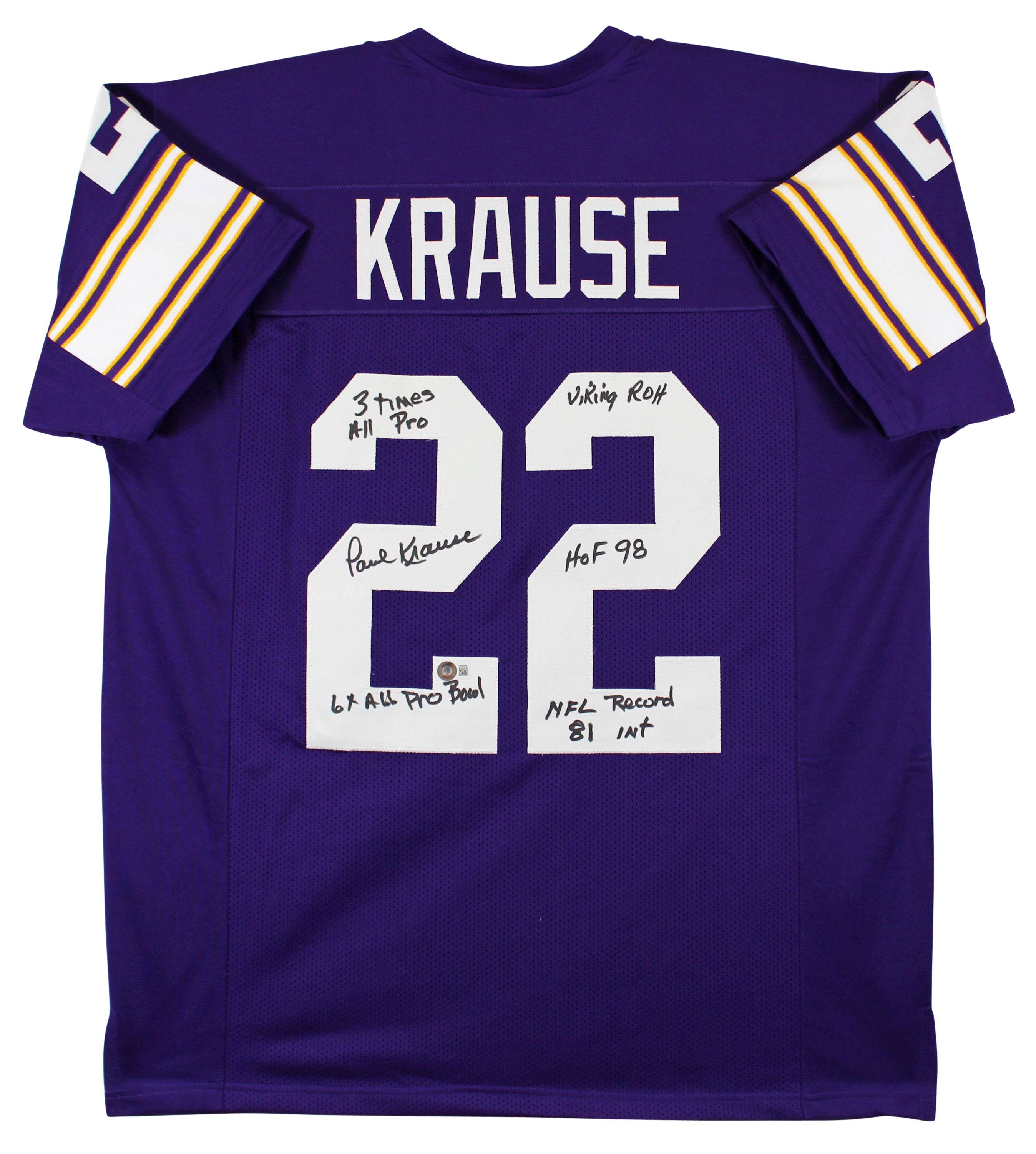 Paul Krause "Stat"  Authentic Signed Purple Pro Style Jersey BAS Witnessed 4