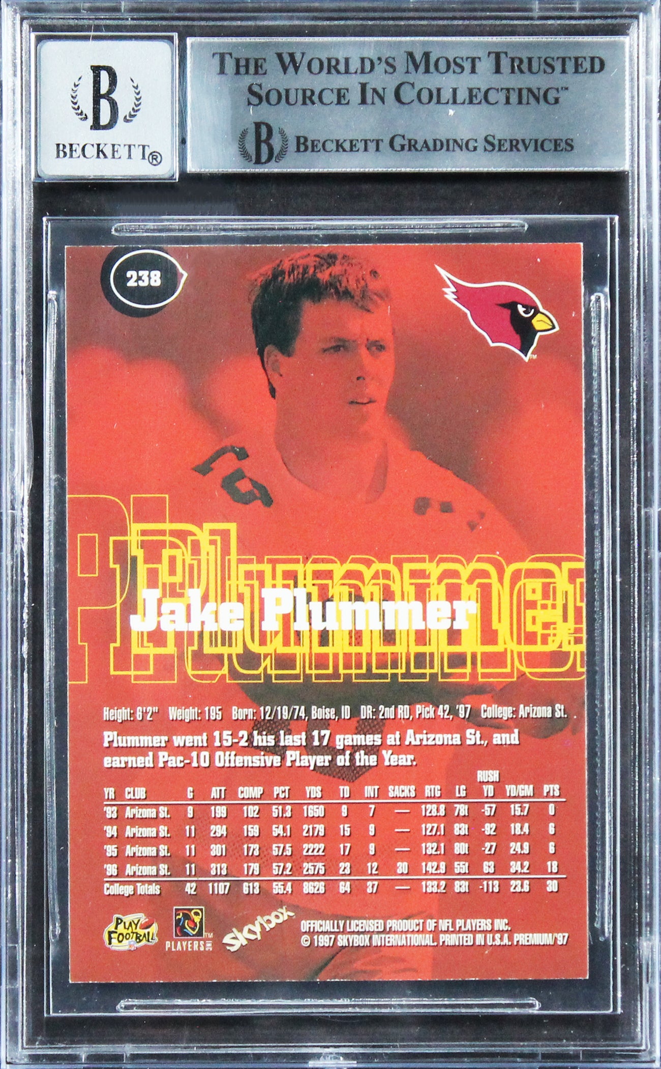 Cardinals Jake Plummer Signed 1997 Skybox Premium #238 RC Card Auto 10! BAS Slab