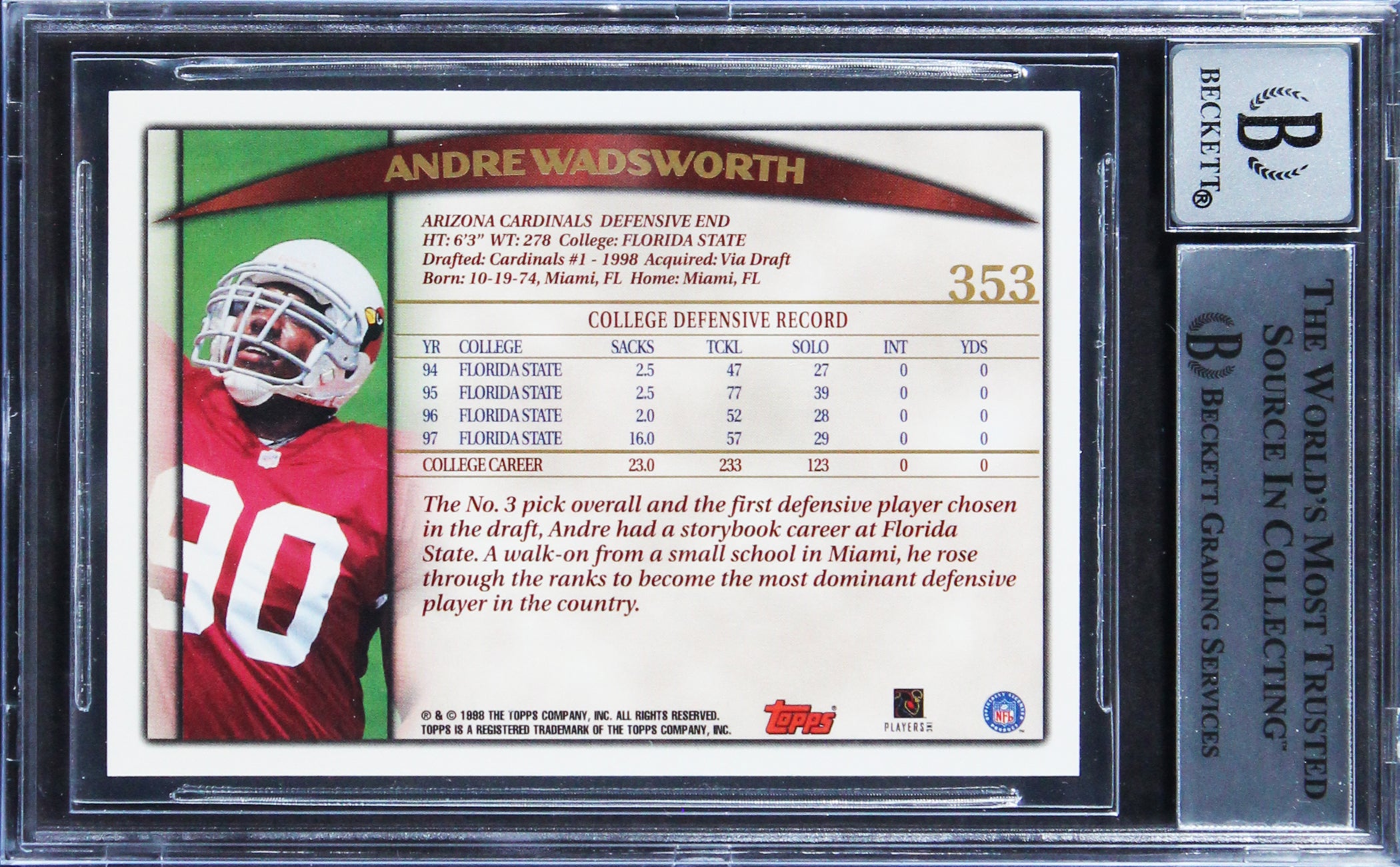Cardinals Andre Wadsworth Signed 1998 Topps #353 Rookie Card Auto 10 BAS Slabbed
