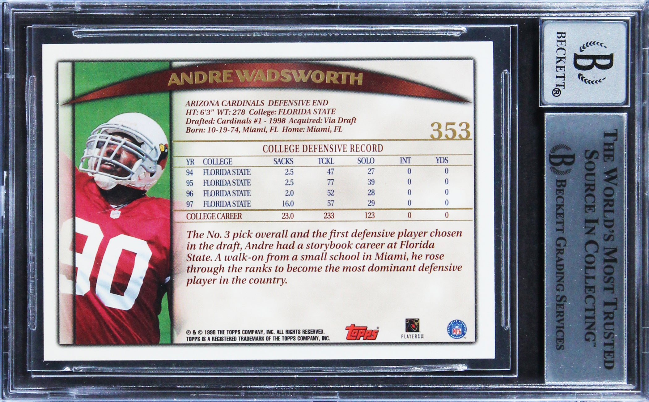 Cardinals Andre Wadsworth Signed 1998 Topps #353 Rookie Card Auto 10! BAS Slab