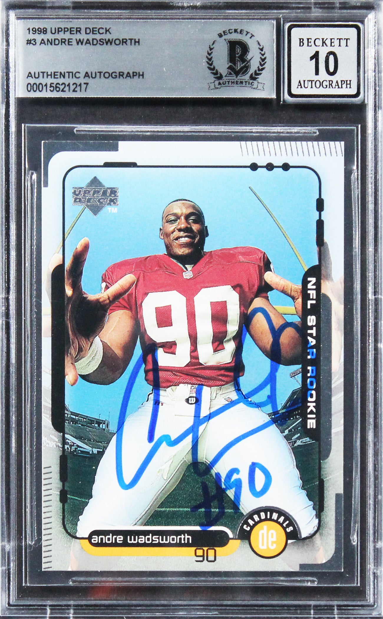 Cardinals Andre Wadsworth Signed 1998 Upper Deck #3 Rookie Card Auto 10 BAS Slab
