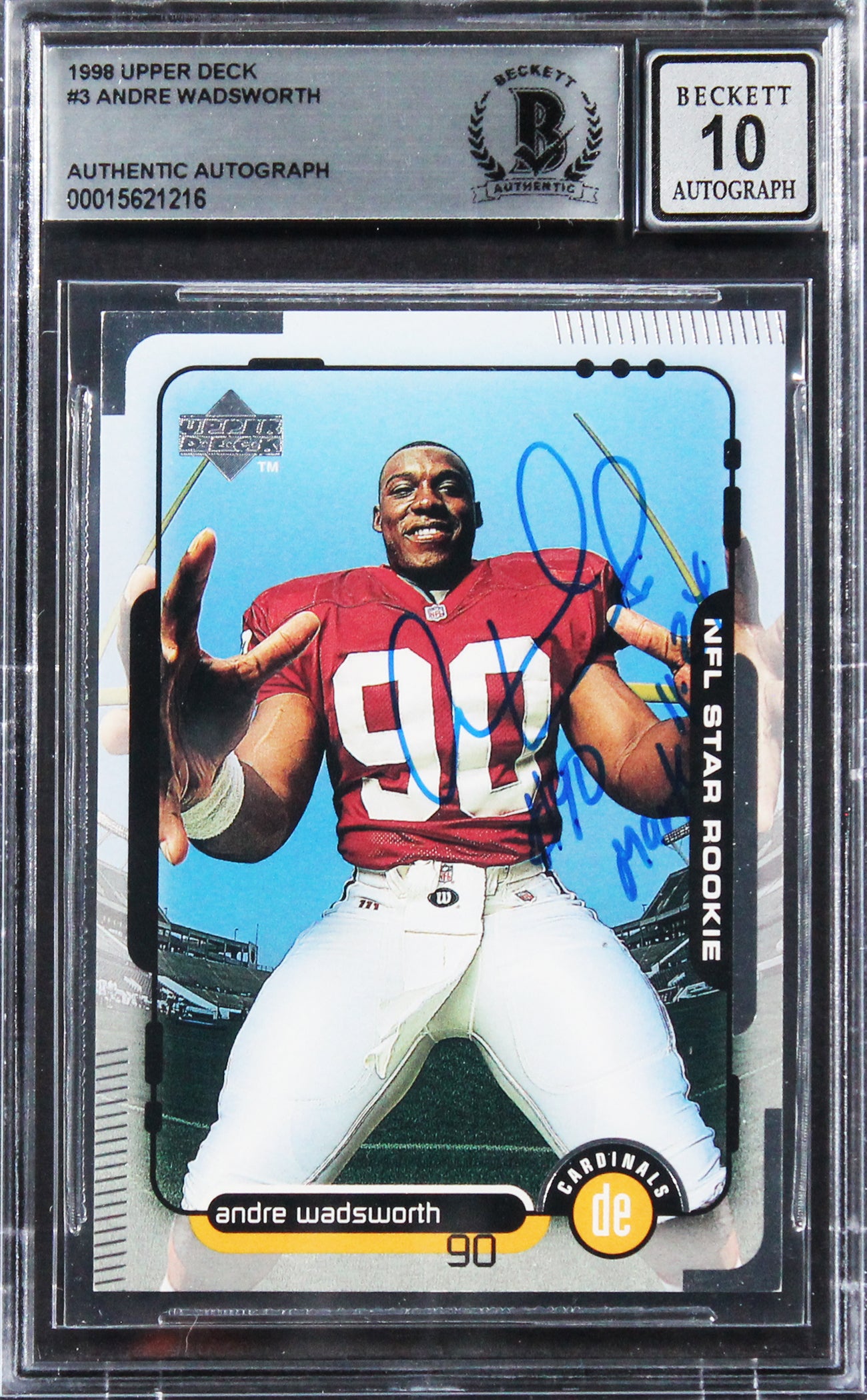 Cardinals Andre Wadsworth Signed 1998 Upper Deck #3 Rookie Card Auto 10 BAS Slab