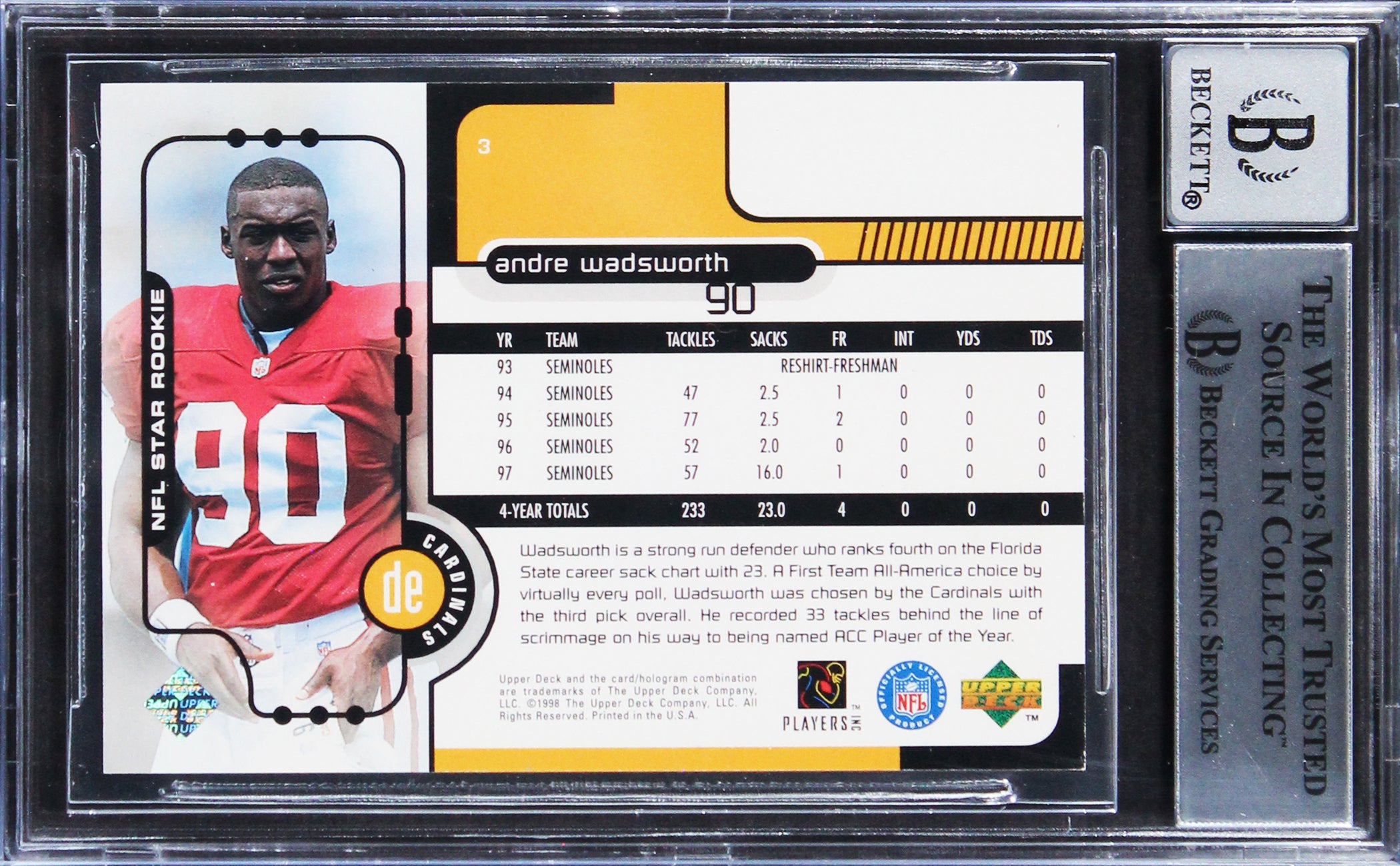 Cardinals Andre Wadsworth Signed 1998 Upper Deck #3 Rookie Card Auto 10 BAS Slab