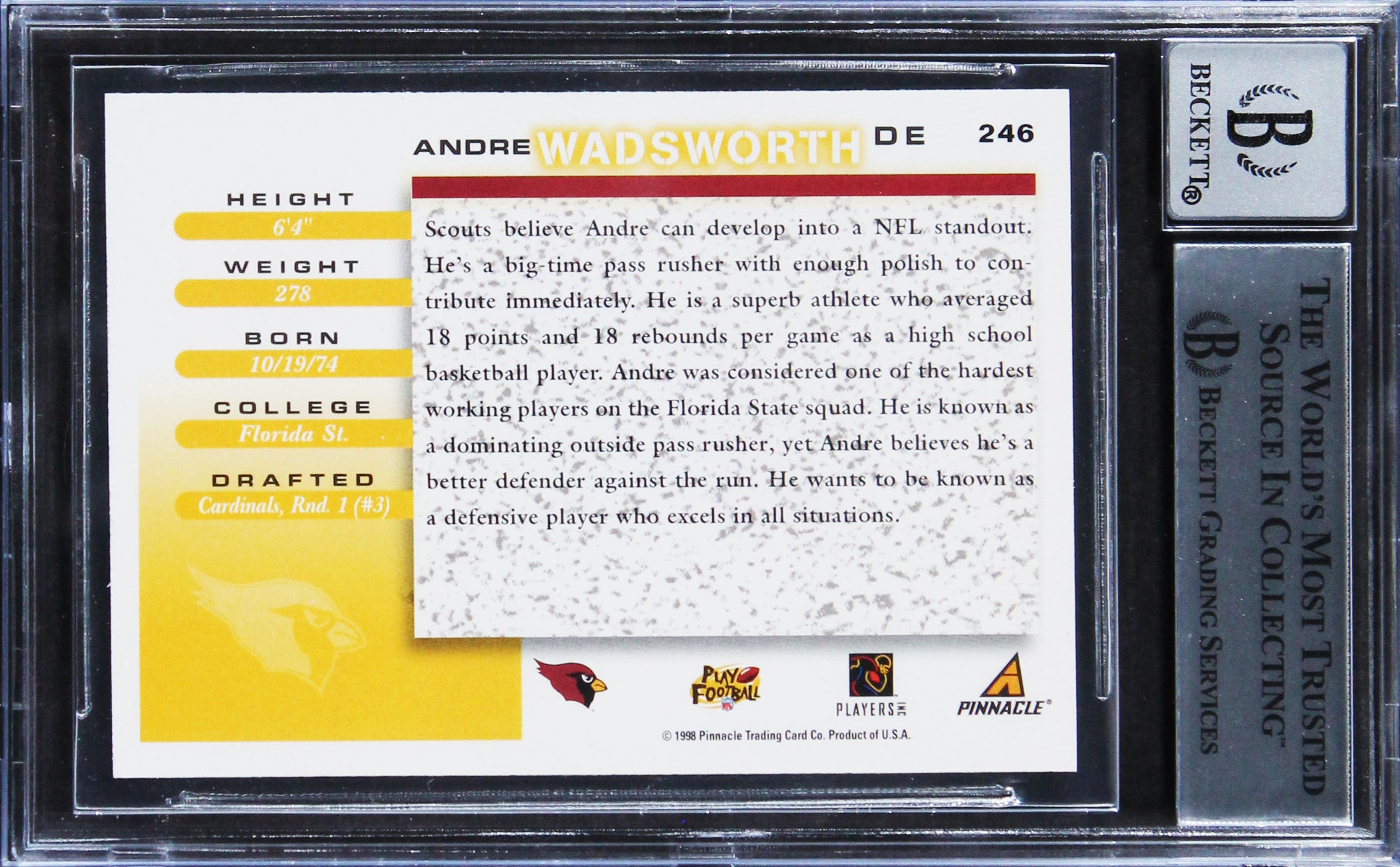 Cardinals Andre Wadsworth Signed 1998 Score #246 Rookie Card Auto 10! BAS Slab