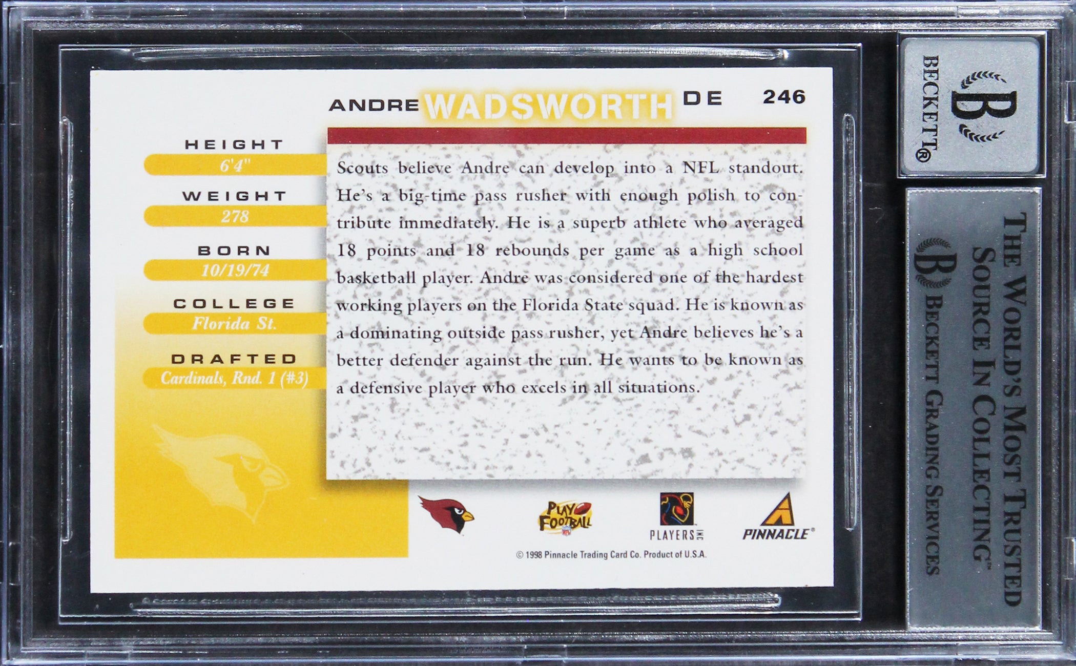 Cardinals Andre Wadsworth Signed 1998 Score #246 Rookie Card Auto 10 BAS Slabbed