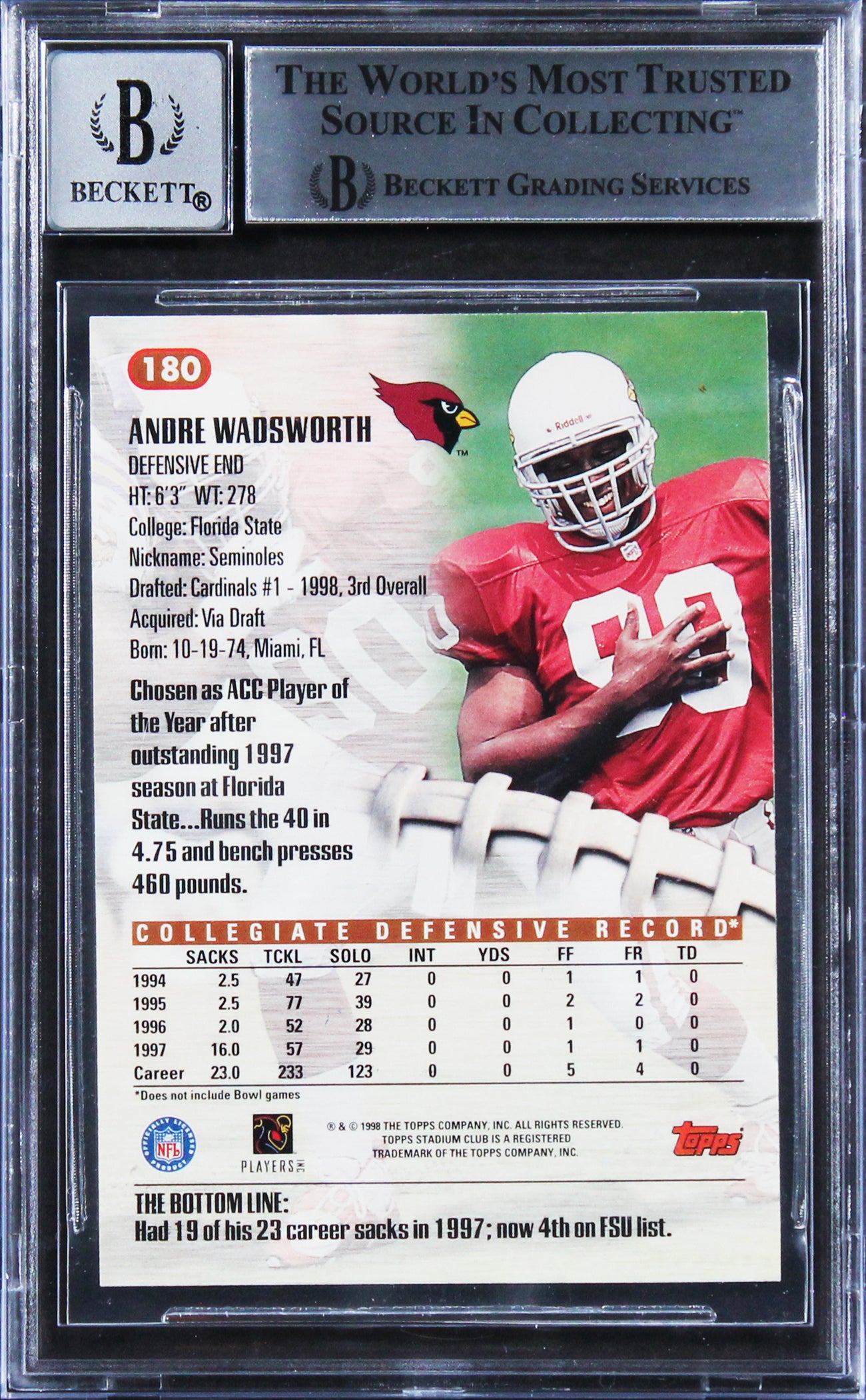 Cardinals Andre Wadsworth Signed 1998 Stadium Club #180 RC Card Auto 10 BAS Slab