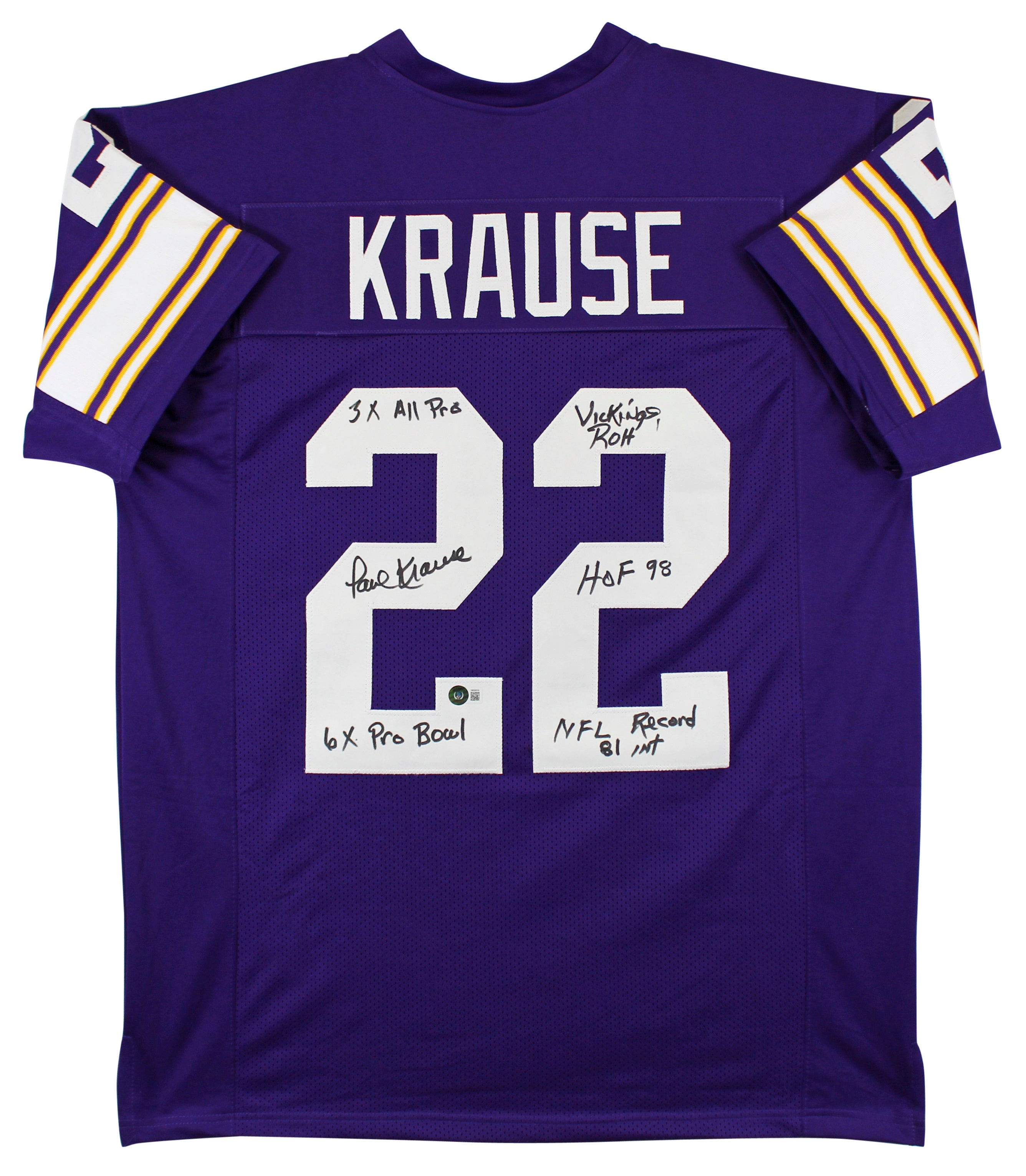 Paul Krause "Stat"  Authentic Signed Purple Pro Style Jersey BAS Witnessed