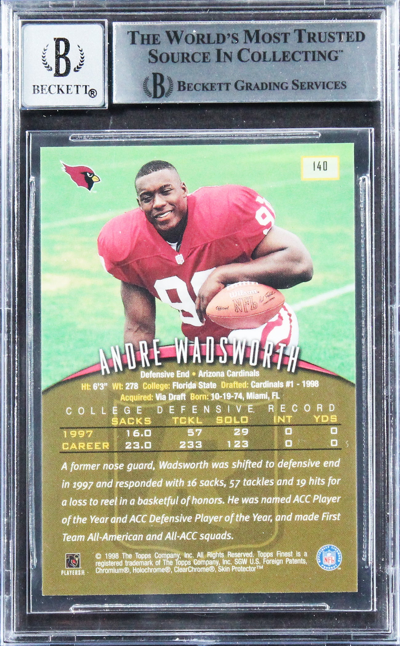 Cardinals Andre Wadsworth Signed 1998 Finest #140 Rookie Card Auto 10! BAS Slab