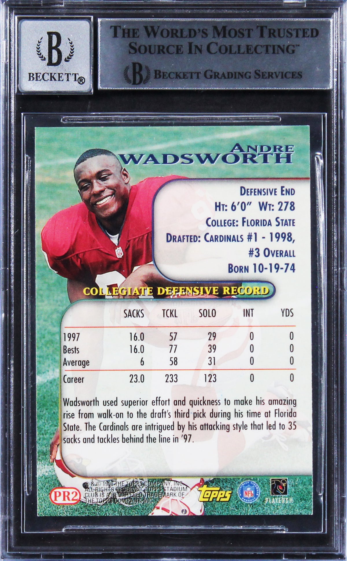 Cardinals Andre Wadsworth Signed 1998 Stadium Club PR #PR2 Card Auto 10 BAS Slab