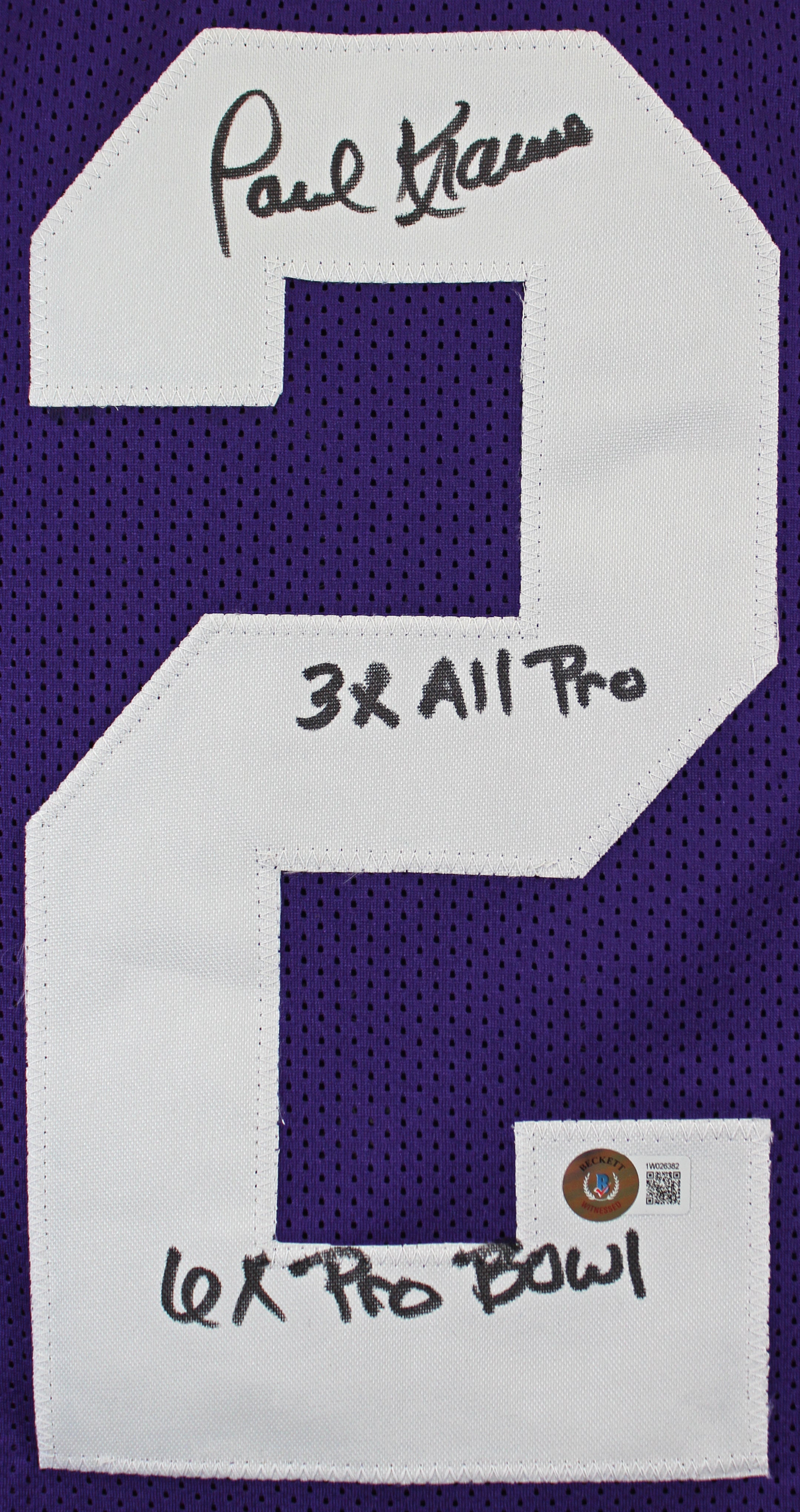 Paul Krause "Stat"  Authentic Signed Purple Pro Style Jersey BAS Witnessed 2