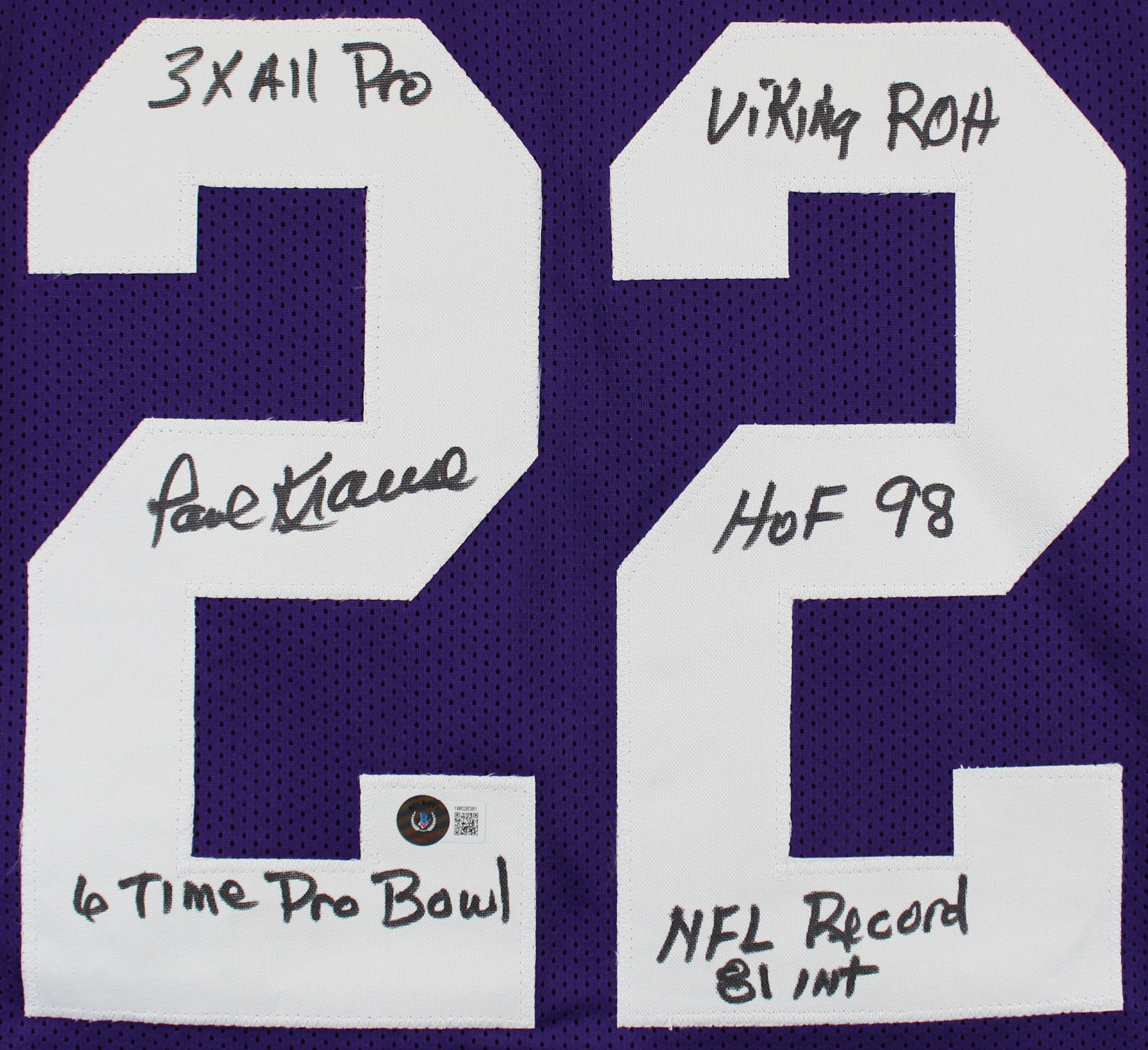 Paul Krause "Stat"  Authentic Signed Purple Pro Style Jersey BAS Witnessed 3