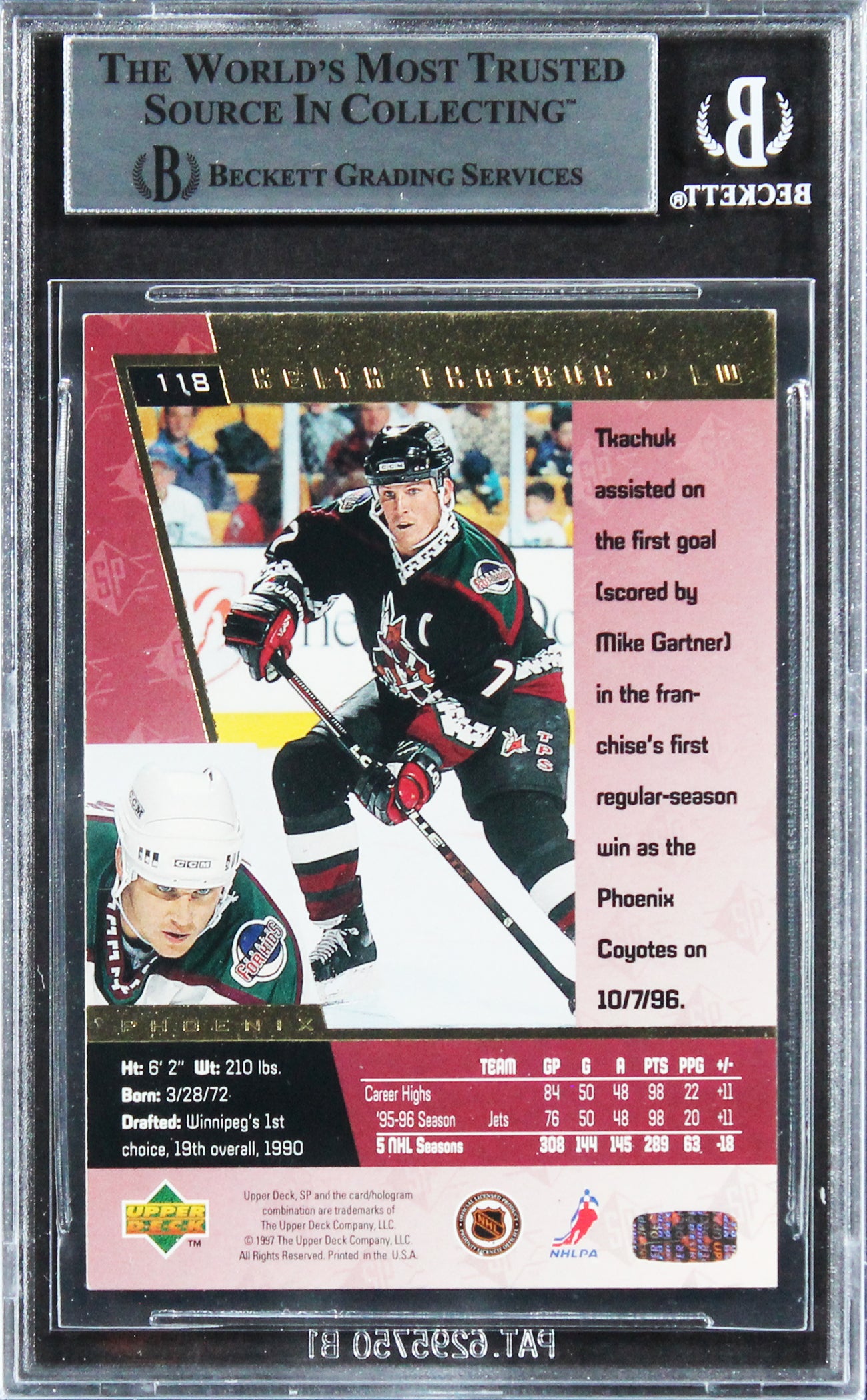 Coyotes Keith Tkachuk Authentic Signed 1996 SP #118 Card BAS Slabbed