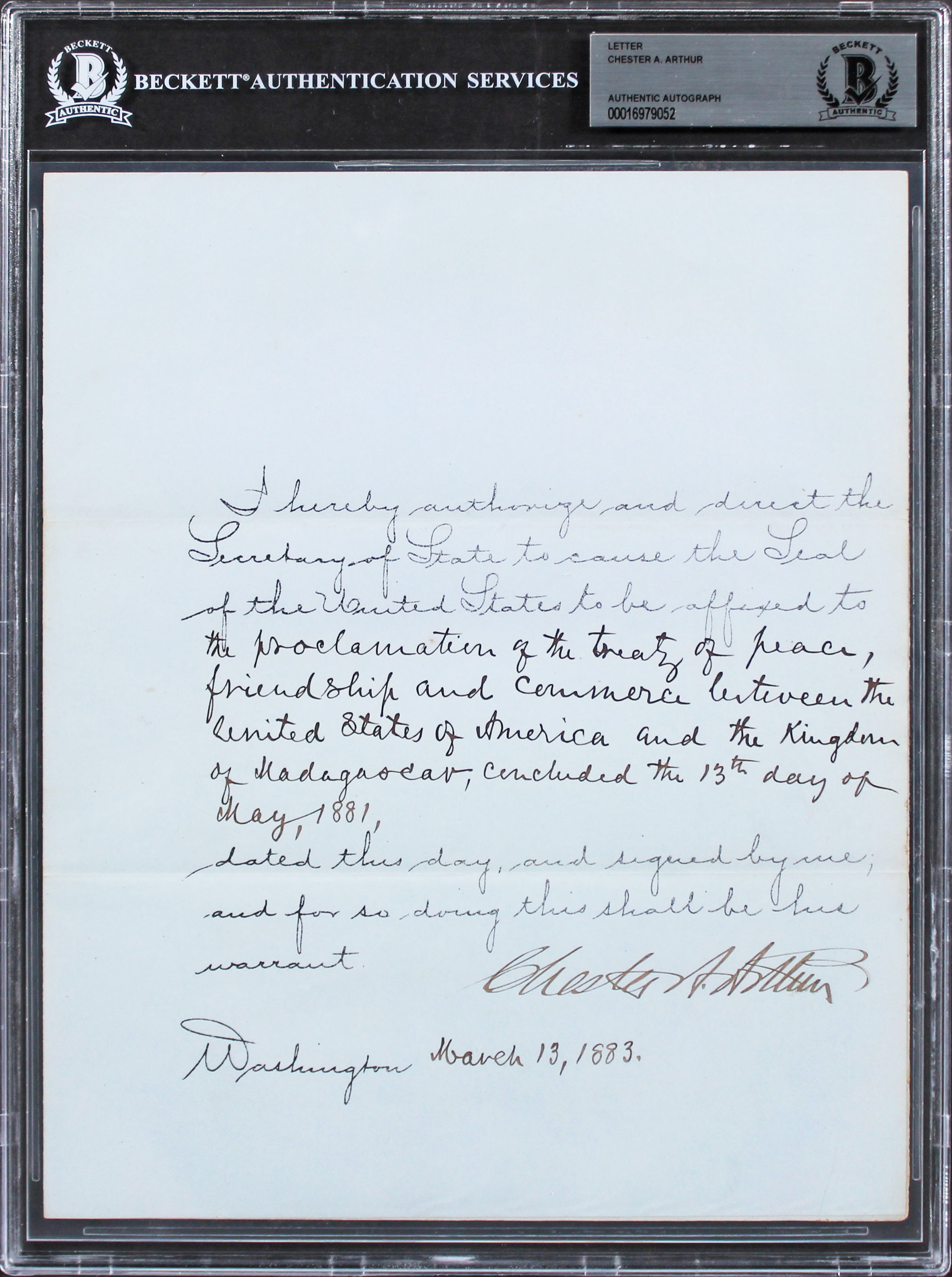 Chester A. Arthur Authentic Signed 8x10 Letter Dated March 13, 1883 BAS Slabbed