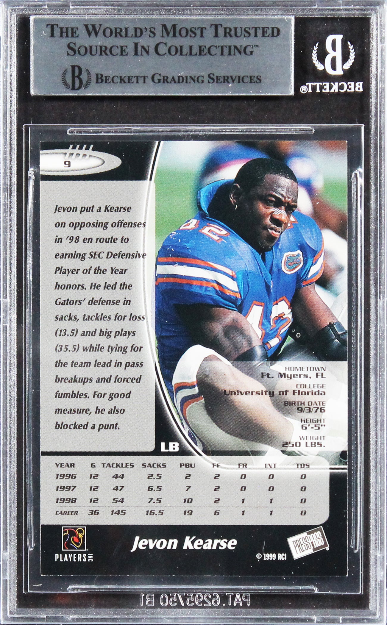 Titans Jevon Kearse Authentic Signed 1999 Press Pass #9 Card BAS Slabbed
