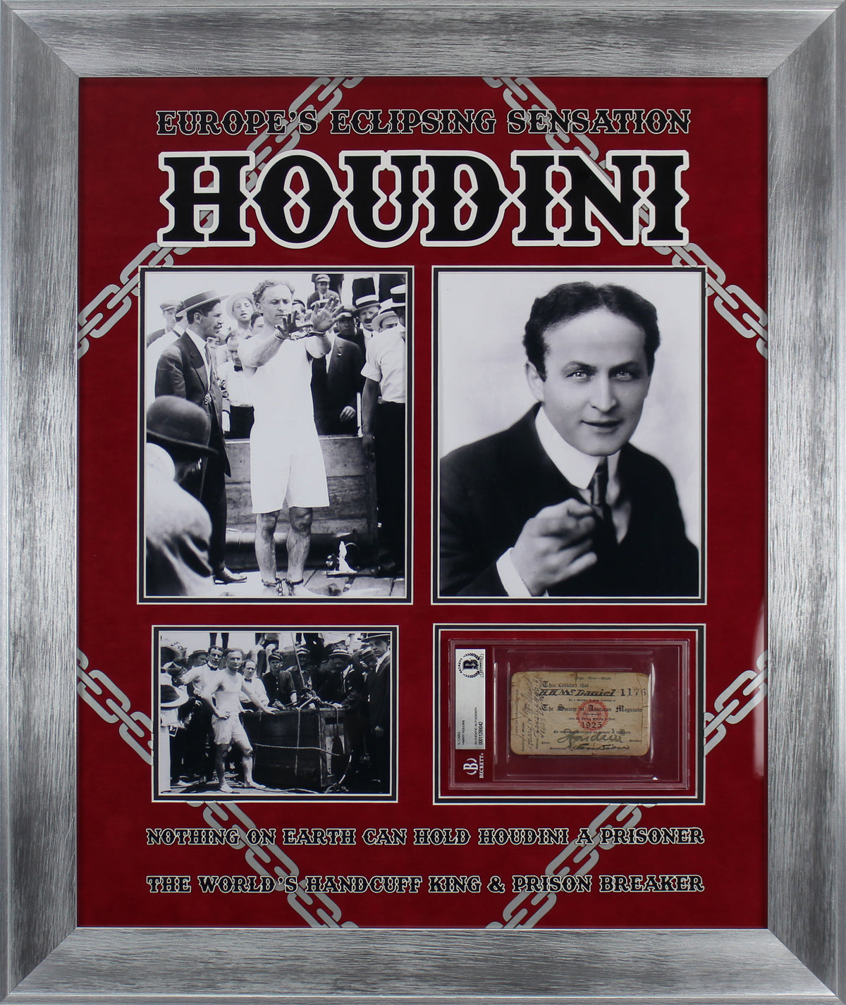 Harry Houdini Signed & Framed 2.5x4 Society Of American Magicians Id Card BAS