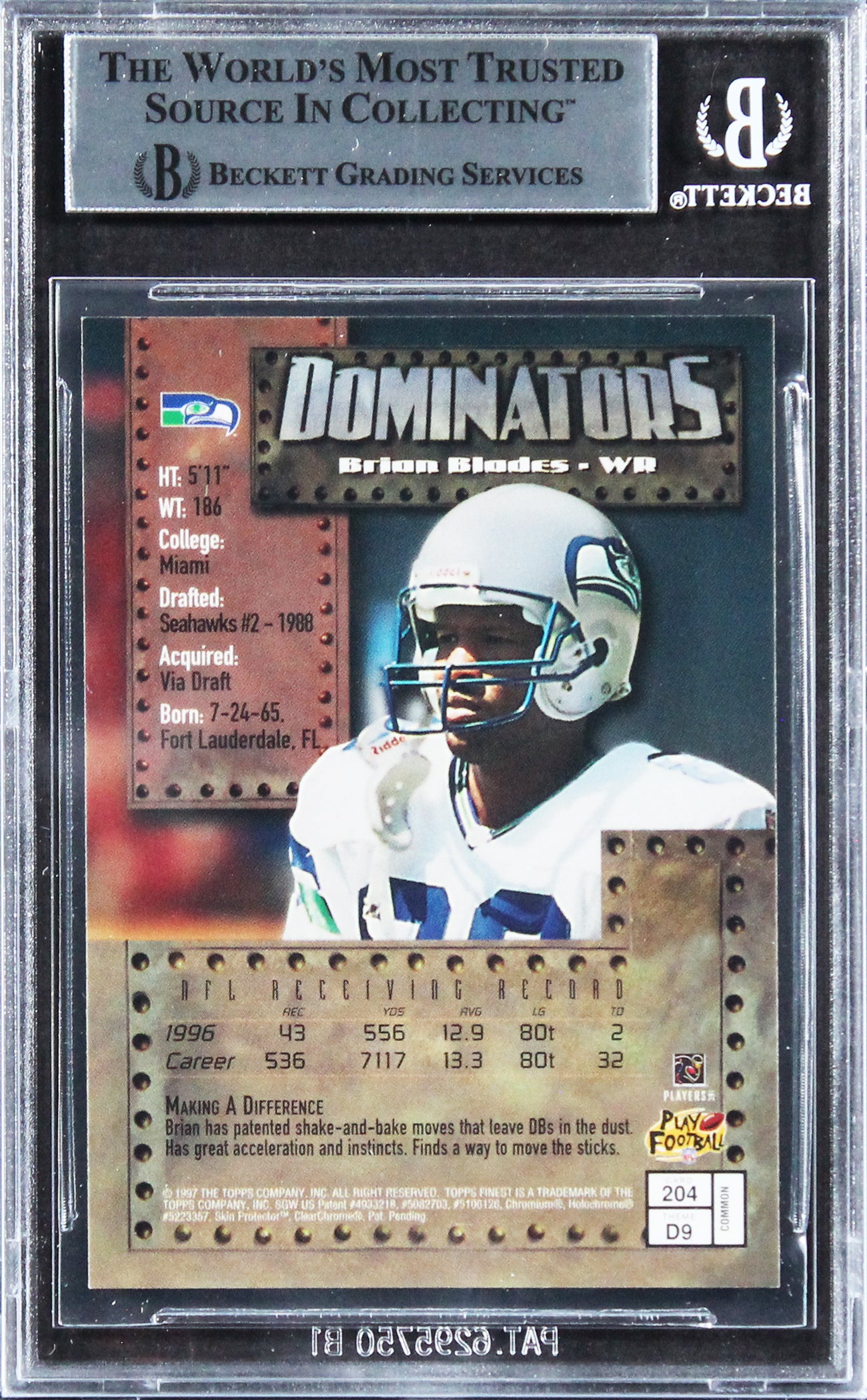 Seahawks Brian Blades Authentic Signed 1997 Finest #204 Card BAS Slabbed