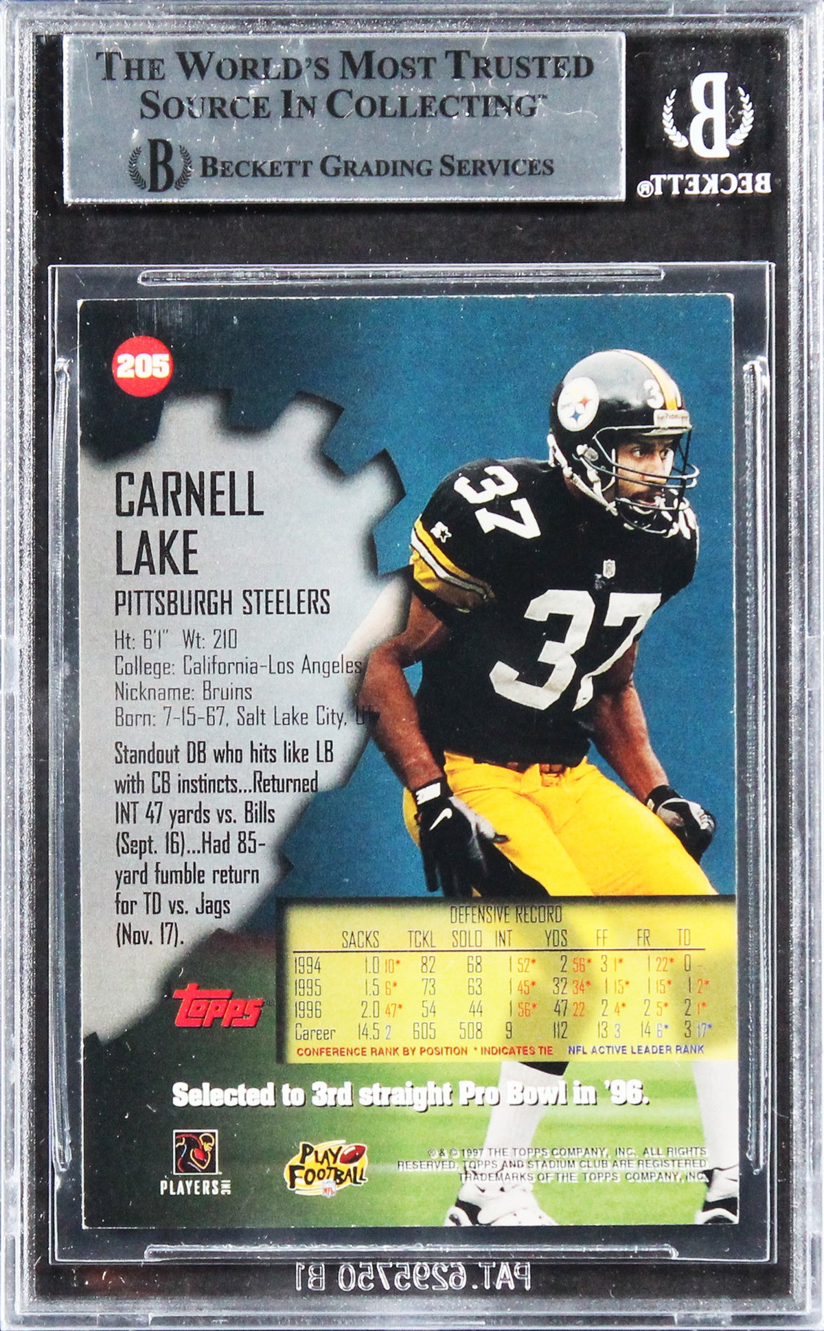 Steelers Carnell Lake Authentic Signed 1997 Stadium Club #205 Card BAS Slabbed