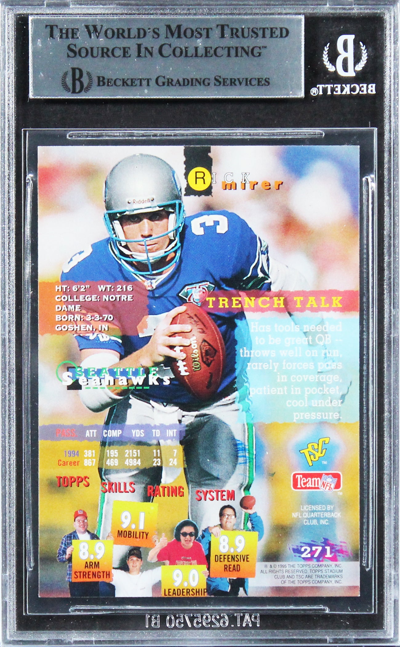Seahawks Rick Mirer Authentic Signed 1995 Stadium Club #271 Card BAS Slabbed