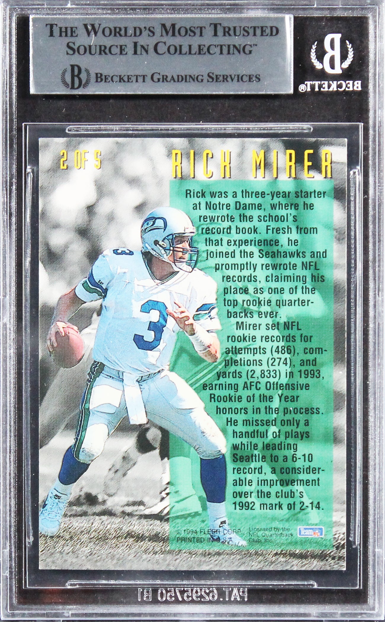 Seahawks Rick Mirer Authentic Signed 1994 Fleer Award Winners #2 Card BAS Slab