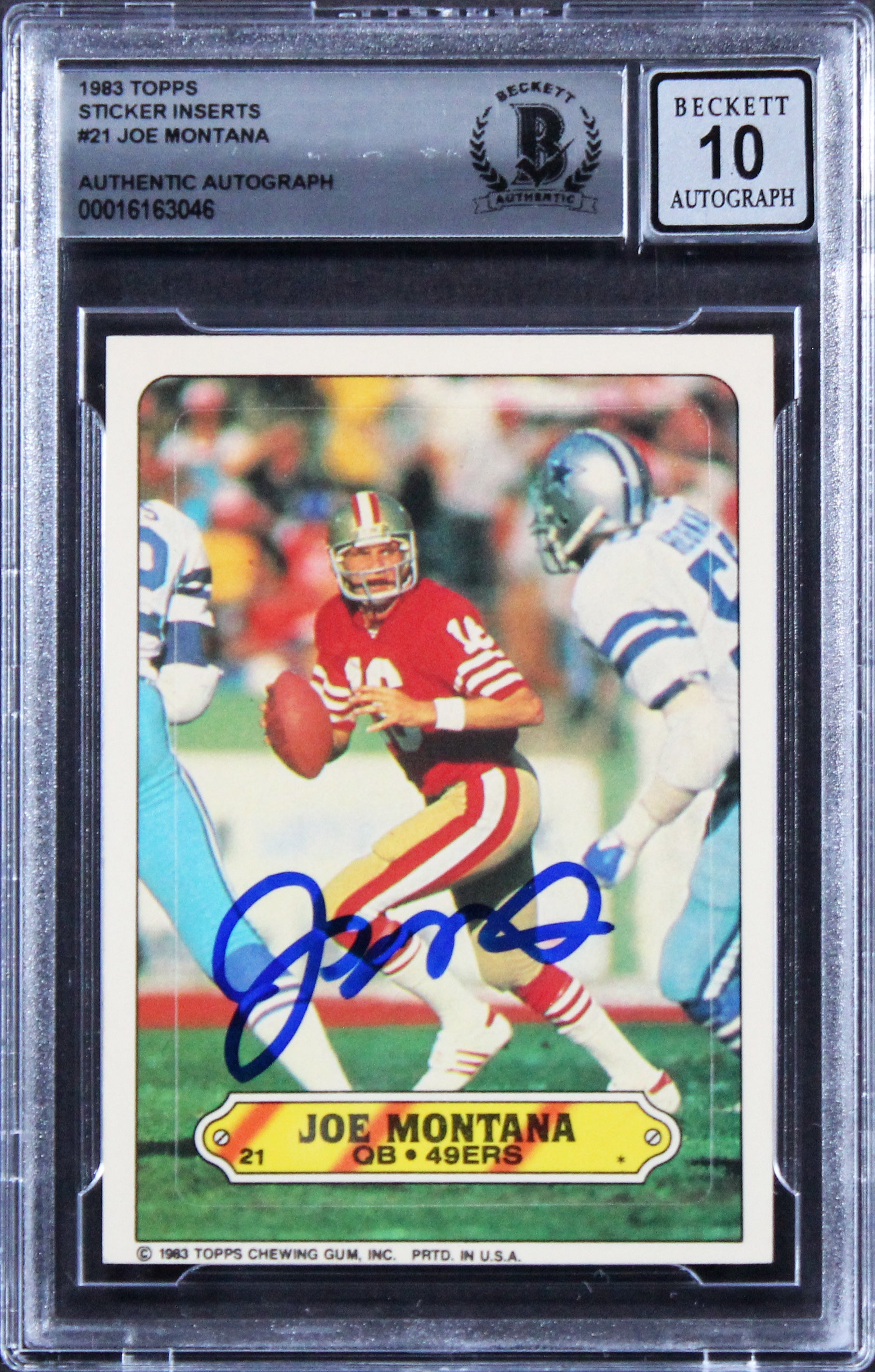 49ers Joe Montana Signed 1983 Topps Sticker Inserts #21 Card Auto 10! BAS Slab