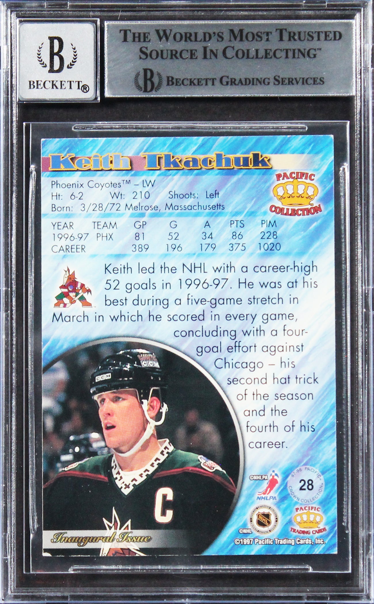 Coyotes Keith Tkachuk Authentic Signed 1997 Pacific #28 Card Auto 10 BAS Slabbed