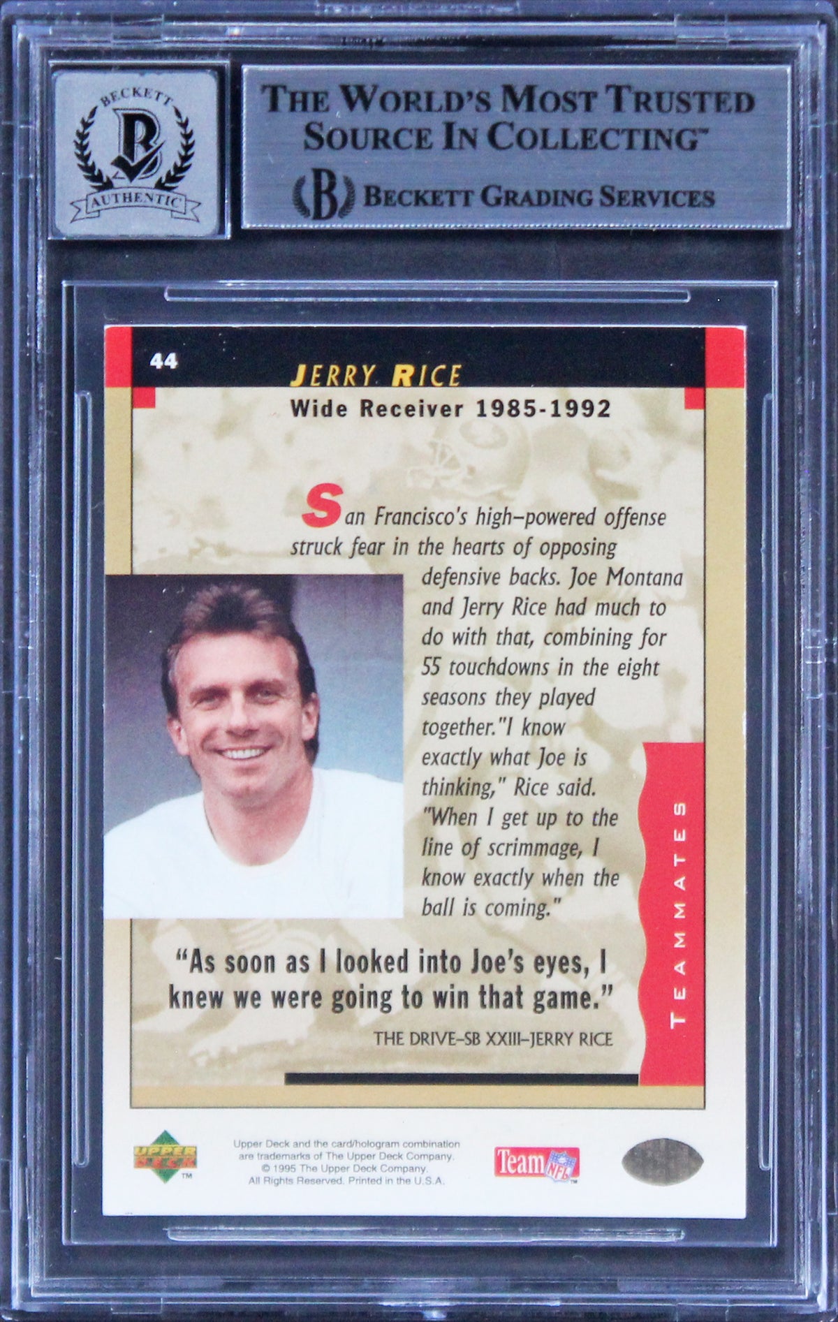 Jerry Rice & Joe Montana Signed 1995 Upper Deck JMBS #44 Card Auto 10! BAS Slab
