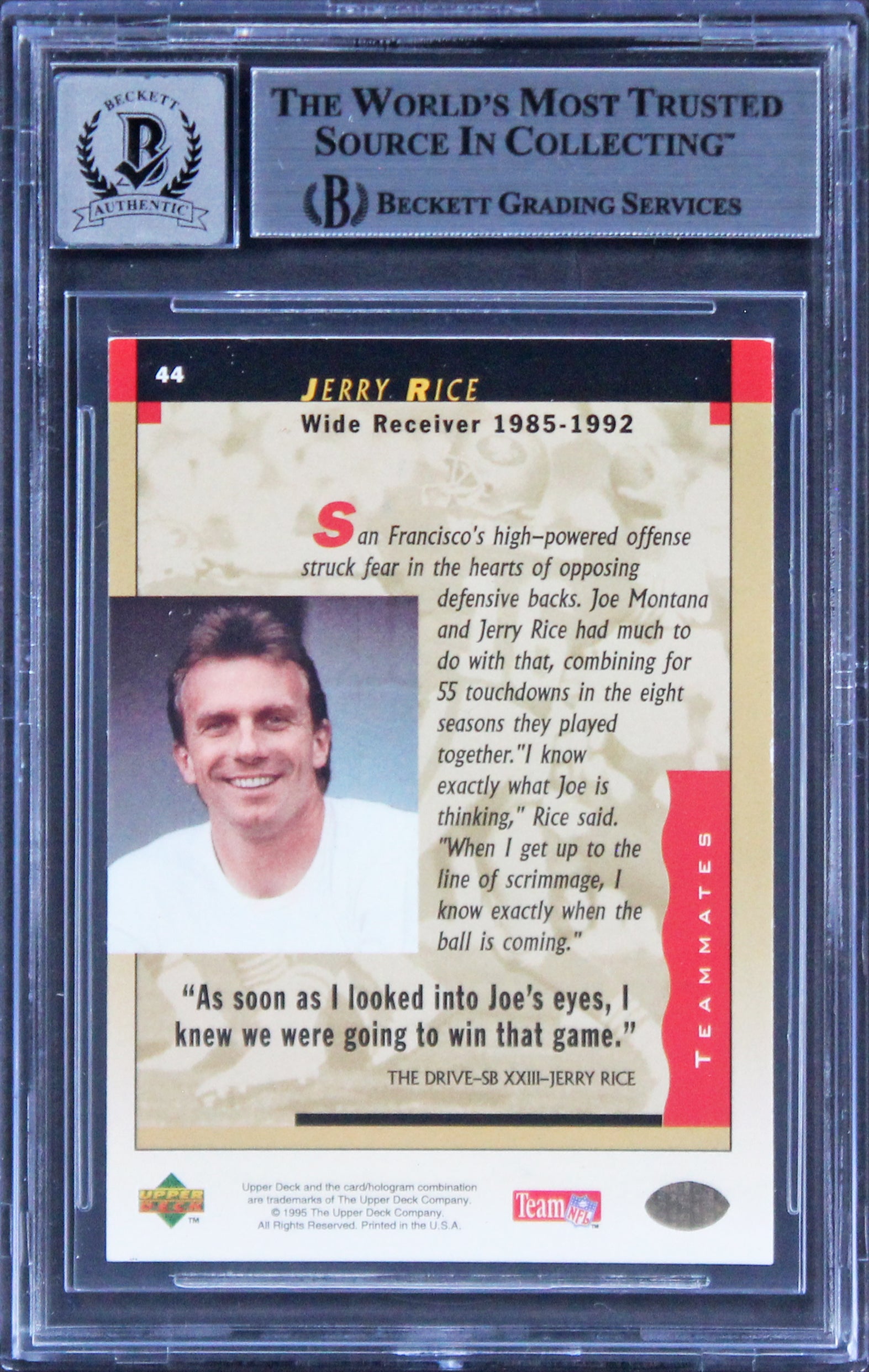 Jerry Rice & Joe Montana Signed 1995 Upper Deck JMBS #44 Card Auto 10! BAS Slab