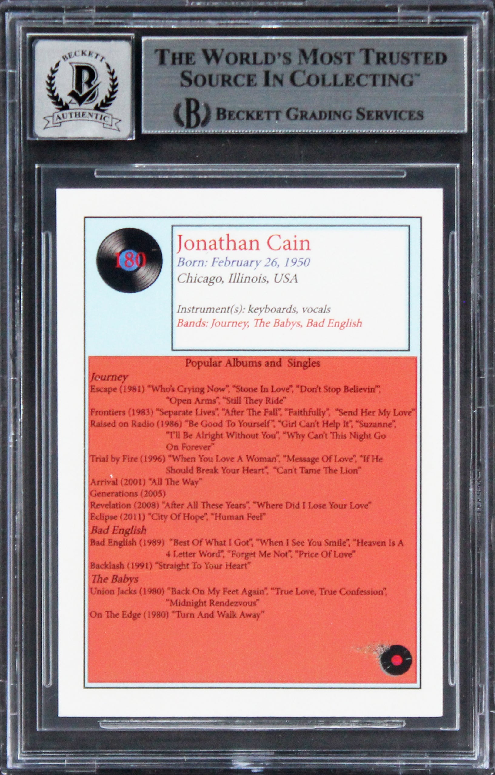 Jonathan Cain Journey Signed 2018 J2 Classic Rock Red #180 Card BAS Slabbed