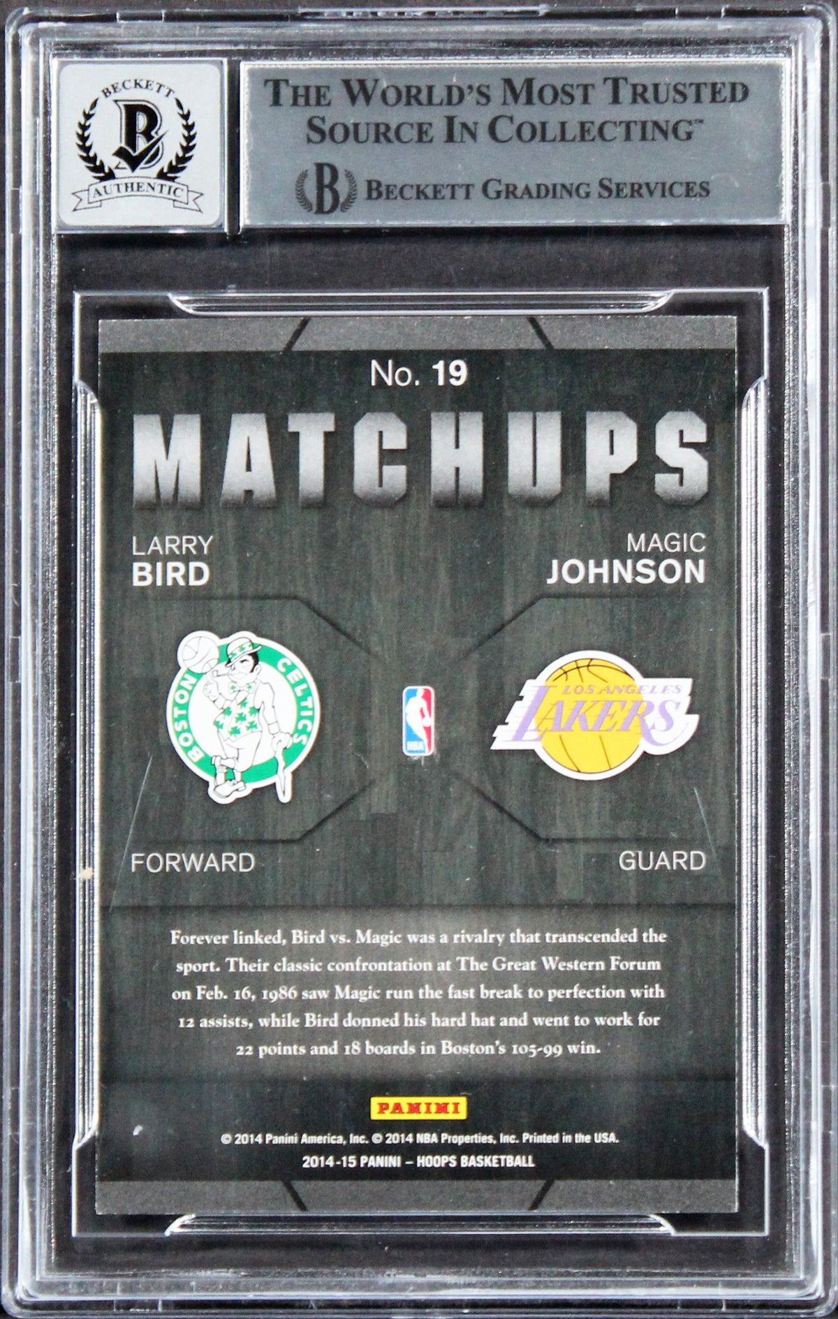 Larry Bird & Magic Johnson Signed 2014 Hoops Matchups #19 Card Auto 10! BAS Slab