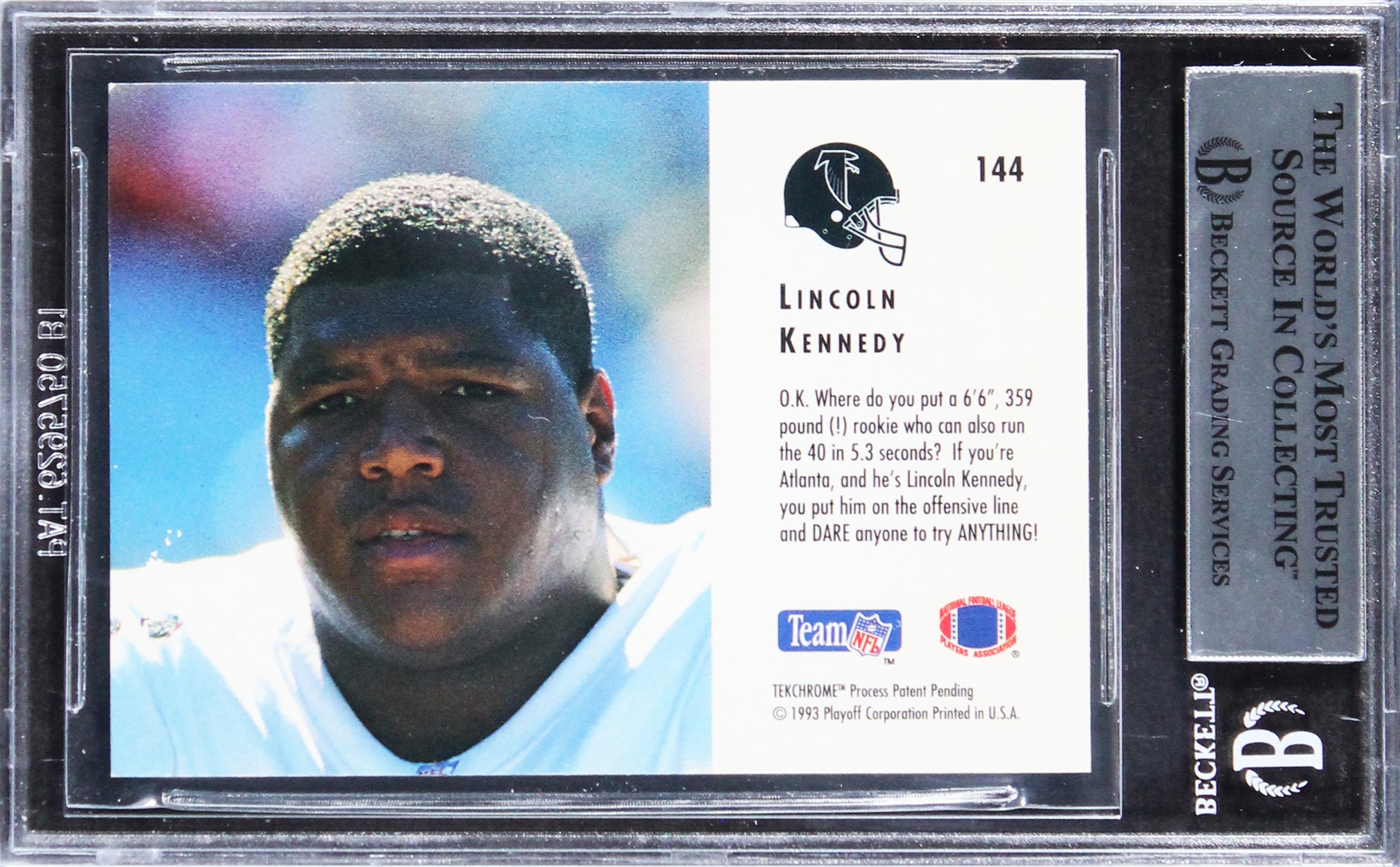 Falcons Lincoln Kennedy Signed 1993 Playoff Contenders #144 Rookie Card BAS Slab