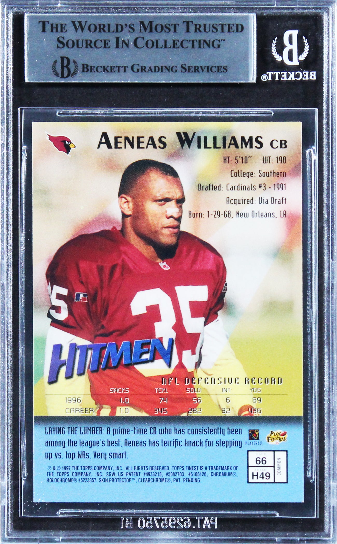 Cardinals Aeneas Williams Authentic Signed 1997 Finest #66 Card BAS Slabbed