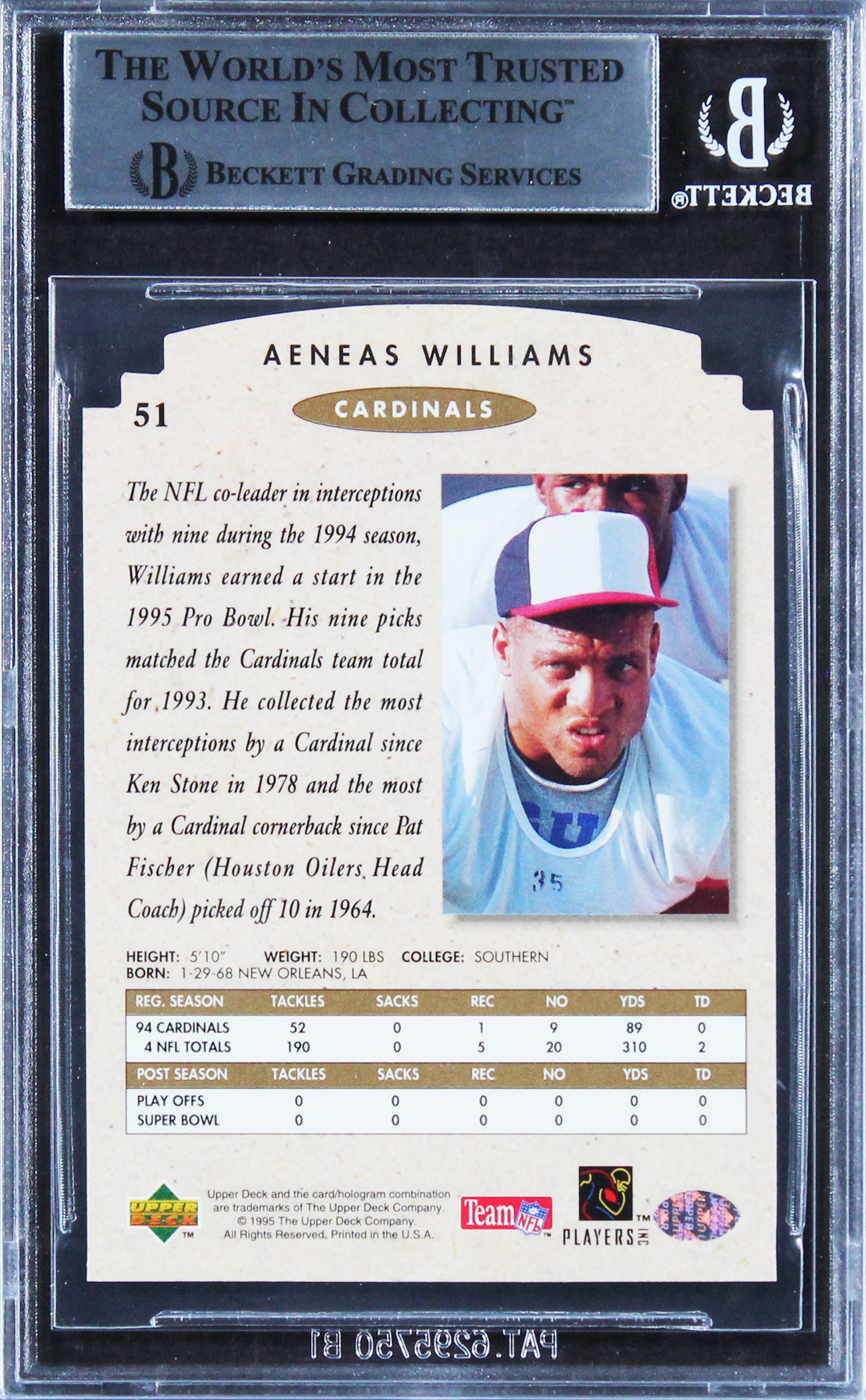 Cardinals Aeneas Williams Signed 1995 SP Championship Die Cuts #51 Card BAS Slab