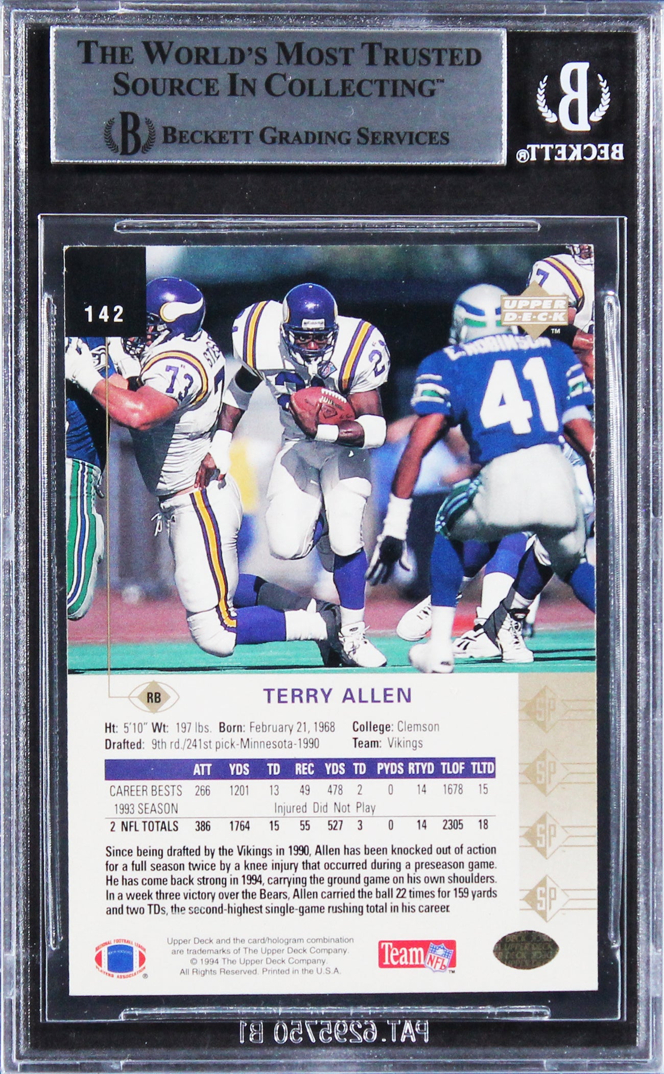 Vikings Terry Allen Authentic Signed 1994 SP #142 Card BAS Slabbed