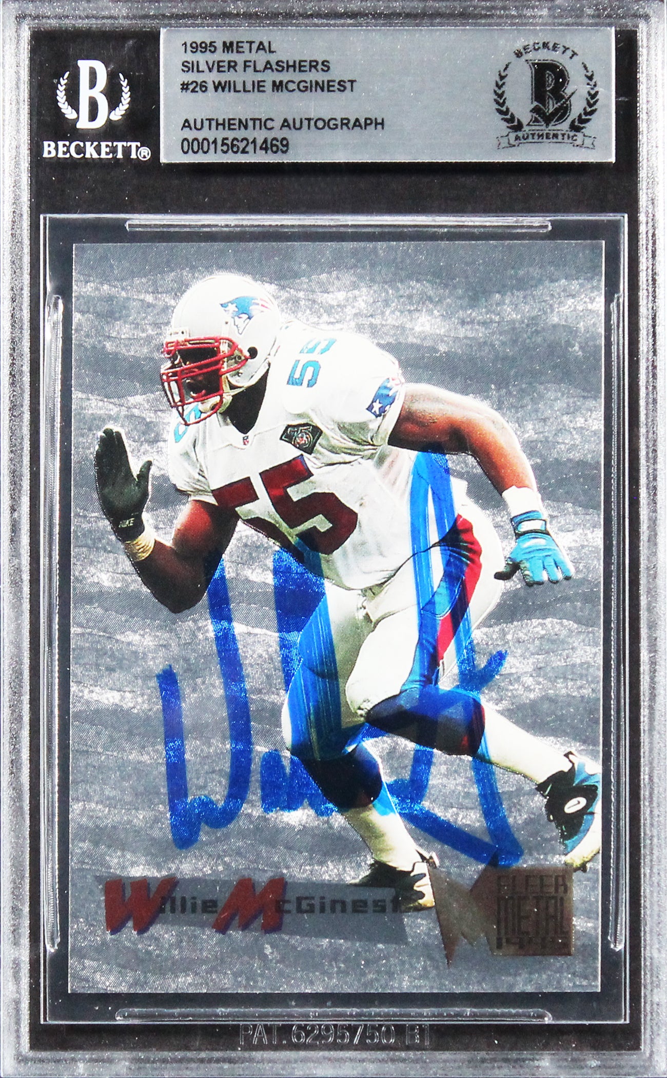 Patriots Willie McGinest Signed 1995 Metal Silver Flashers #26 Card BAS Slabbed
