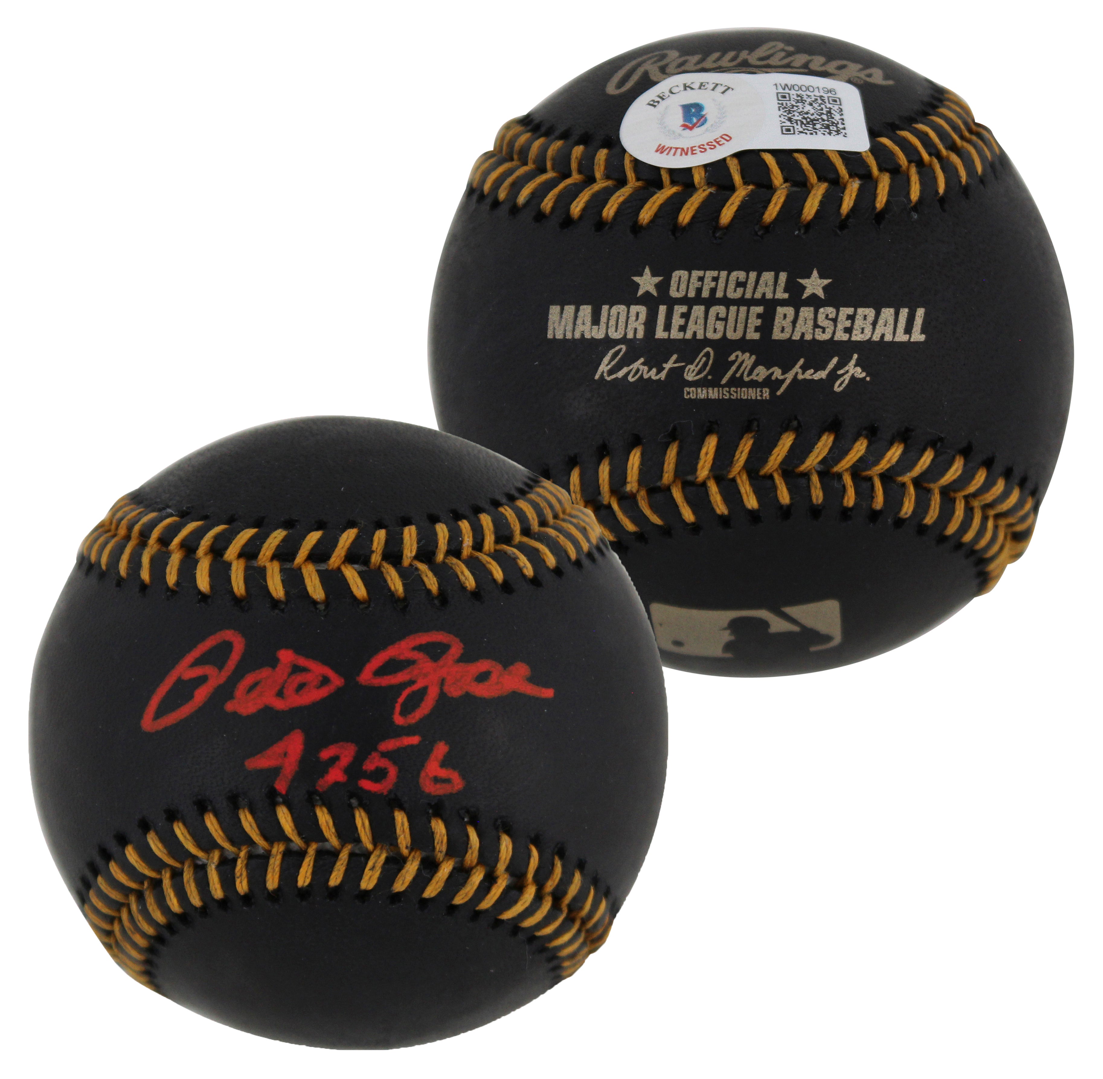 Reds Pete Rose "4256" Authentic Signed Black Oml Baseball w/ Red Sig BAS Witness