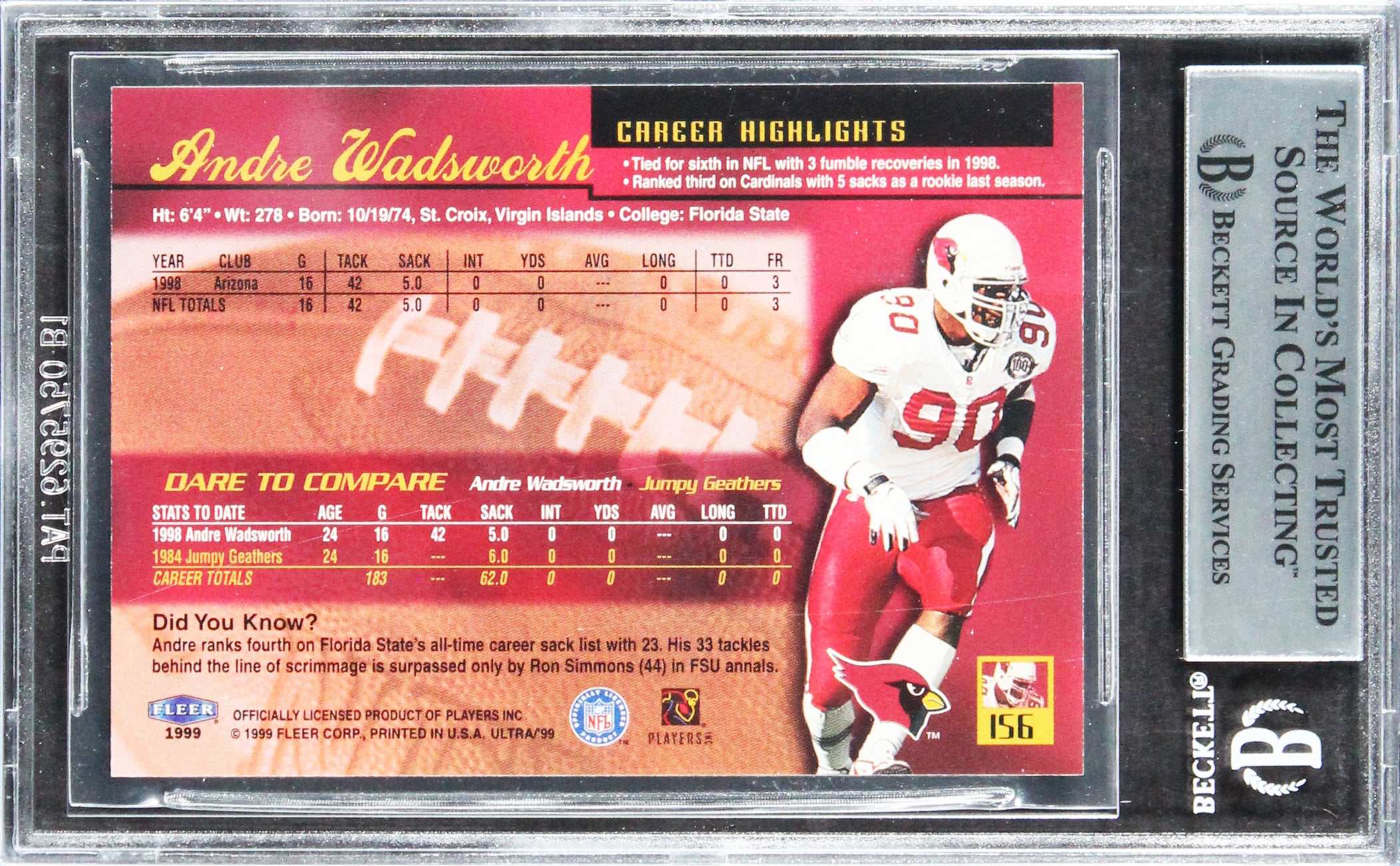 Cardinals Andre Wadsworth Authentic Signed 1999 Ultra #156 Card BAS Slabbed