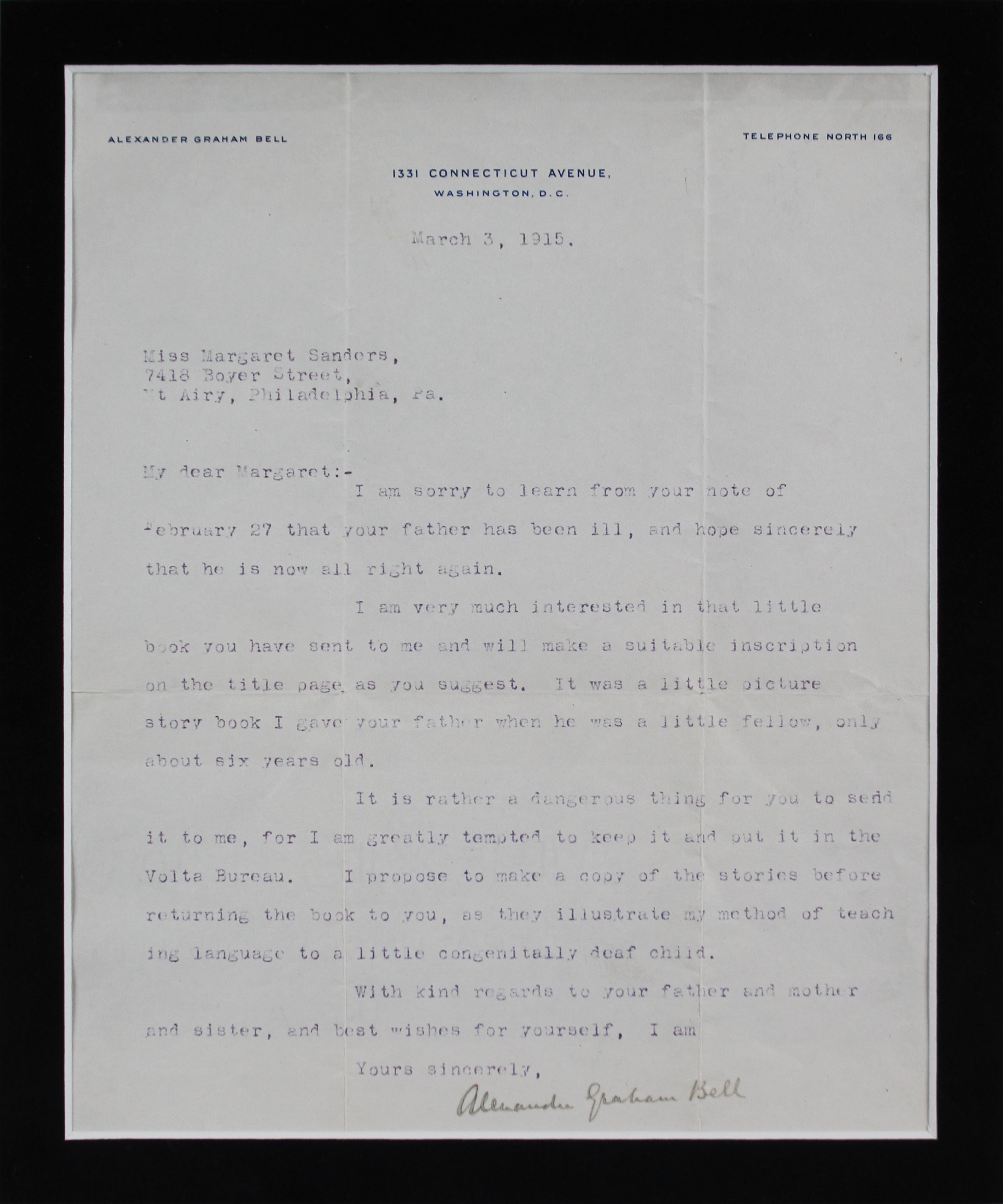 Alexander Graham Bell Authentic Signed & Framed 1915 Typed Letter BAS #A04949