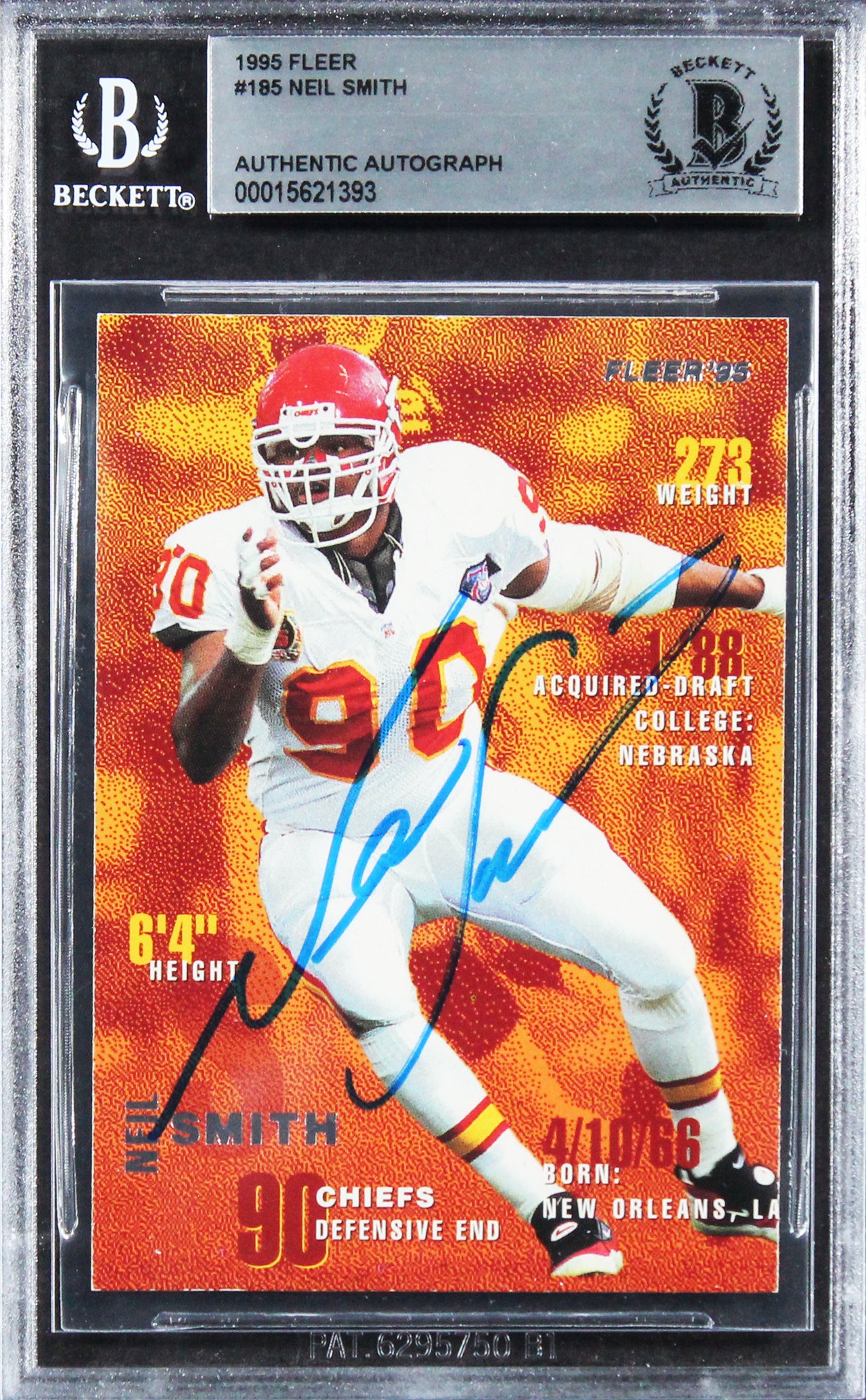 Chiefs Neil Smith Authentic Signed 1995 Fleer #185 Card BAS Slabbed