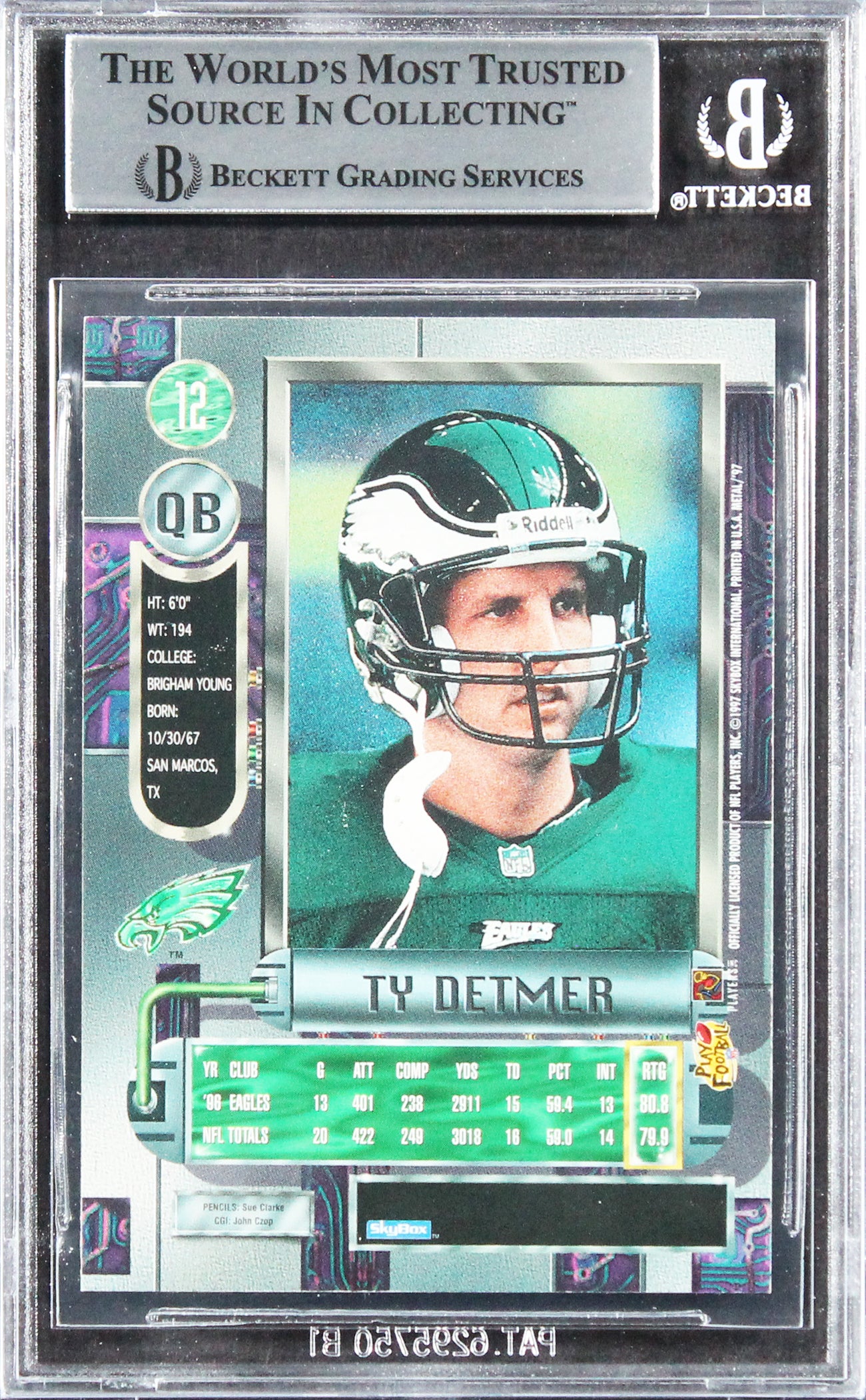 Eagles Ty Detmer Authentic Signed 1997 Metal Universe #12 Card BAS Slabbed