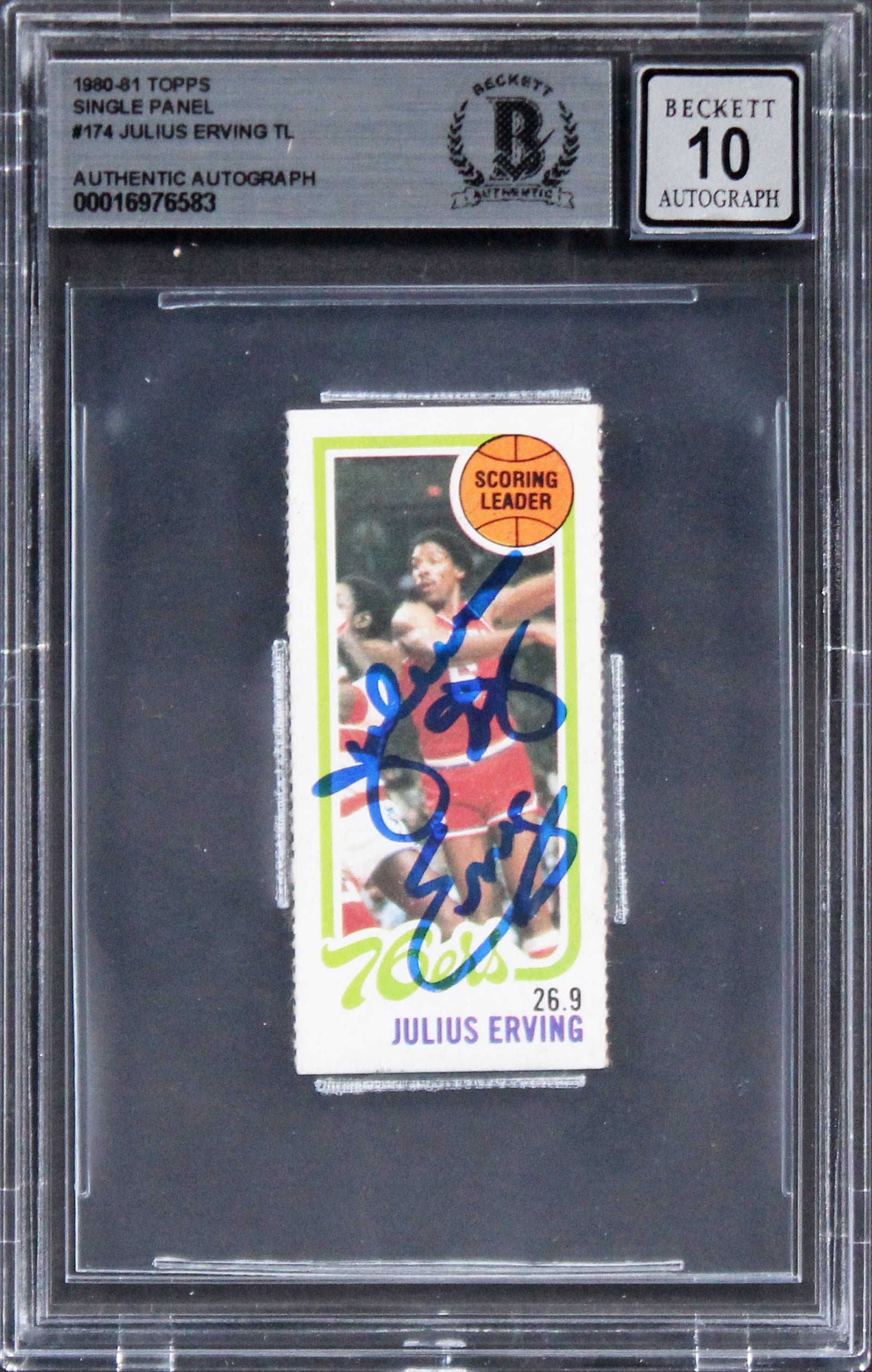 76ers Julius Erving Signed 1980 Topps Single Panel #174 Card Auto 10! BAS Slab