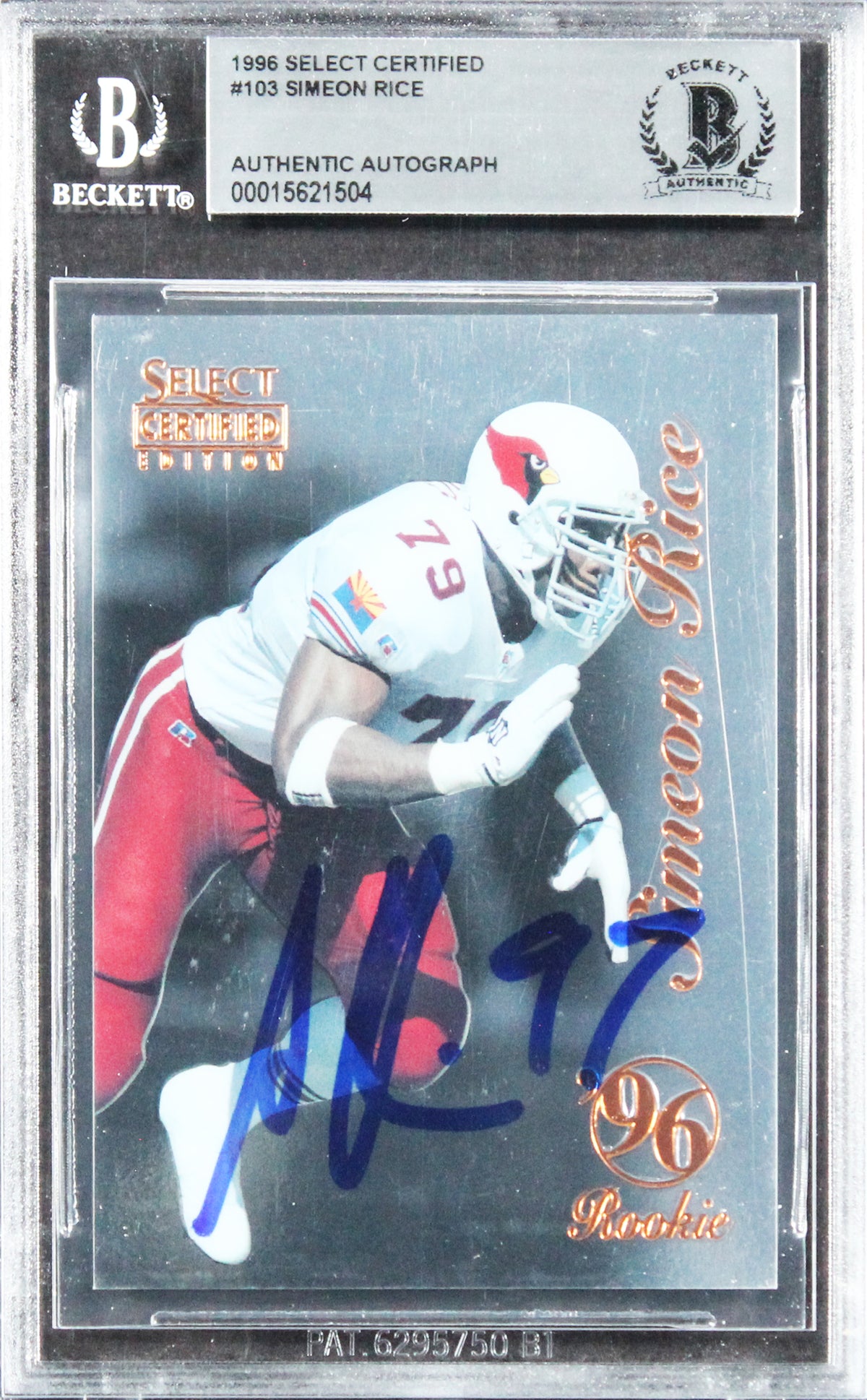 Cardinals Simeon Rice Signed 1996 Select Certified #103 Rookie Card BAS Slab 1