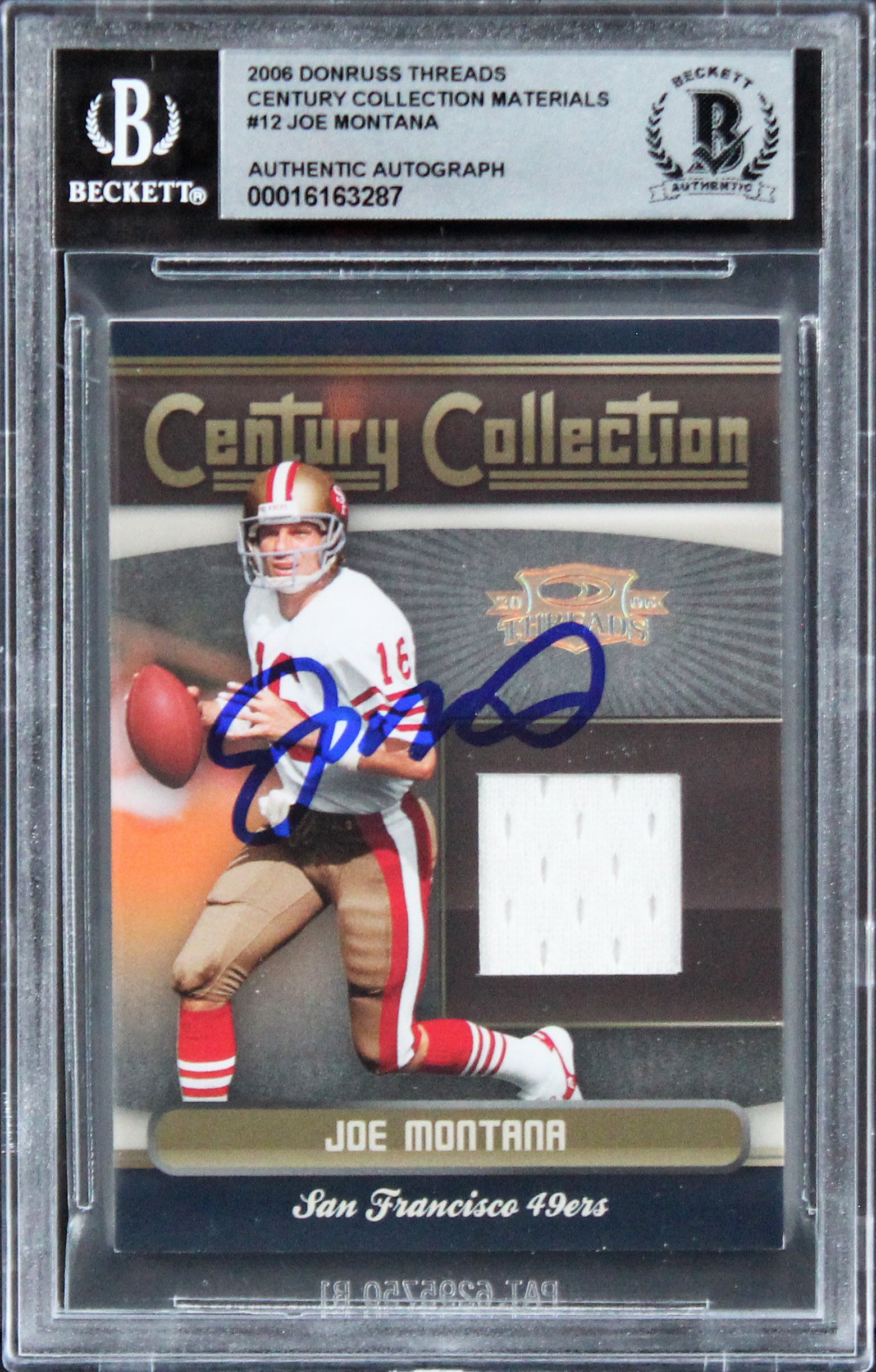 49ers Joe Montana Signed 2006 Donruss Threads #12 #158/250 Card Auto 10 BAS Slab