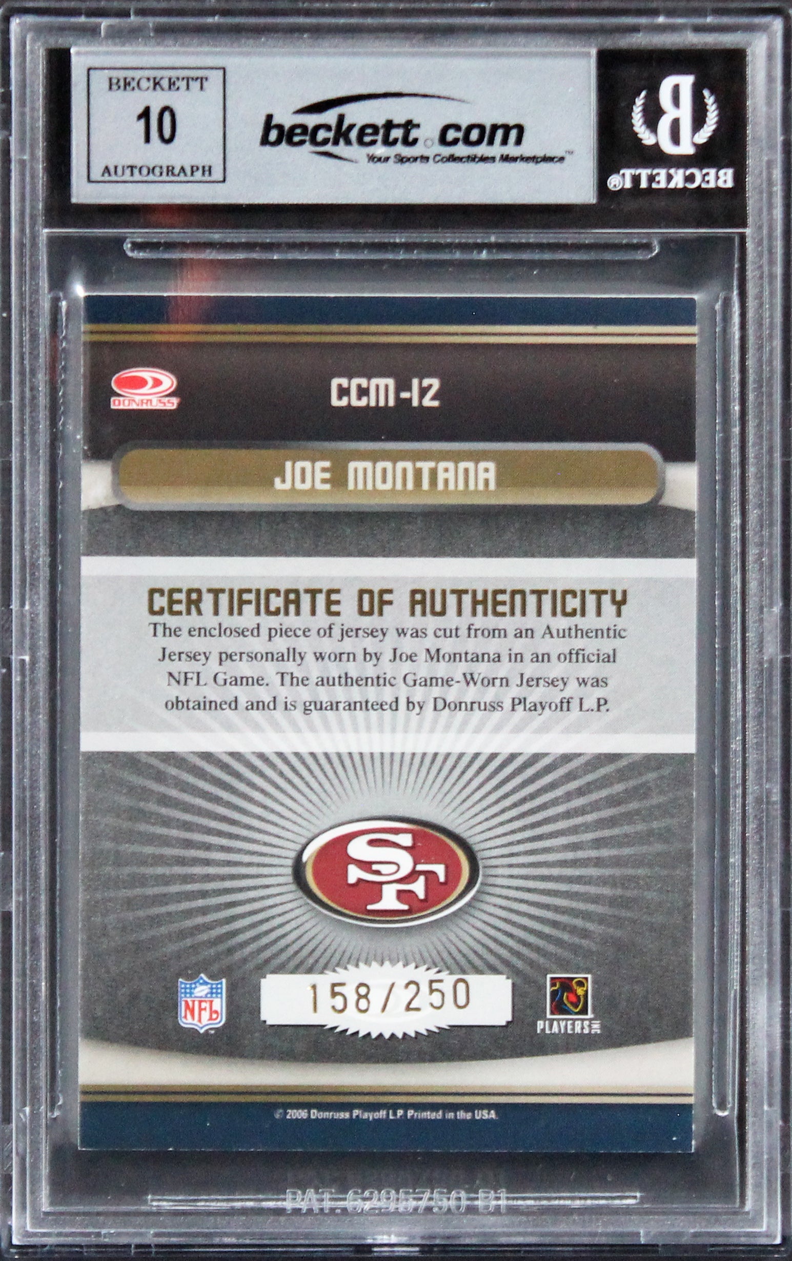 49ers Joe Montana Signed 2006 Donruss Threads #12 #158/250 Card Auto 10 BAS Slab