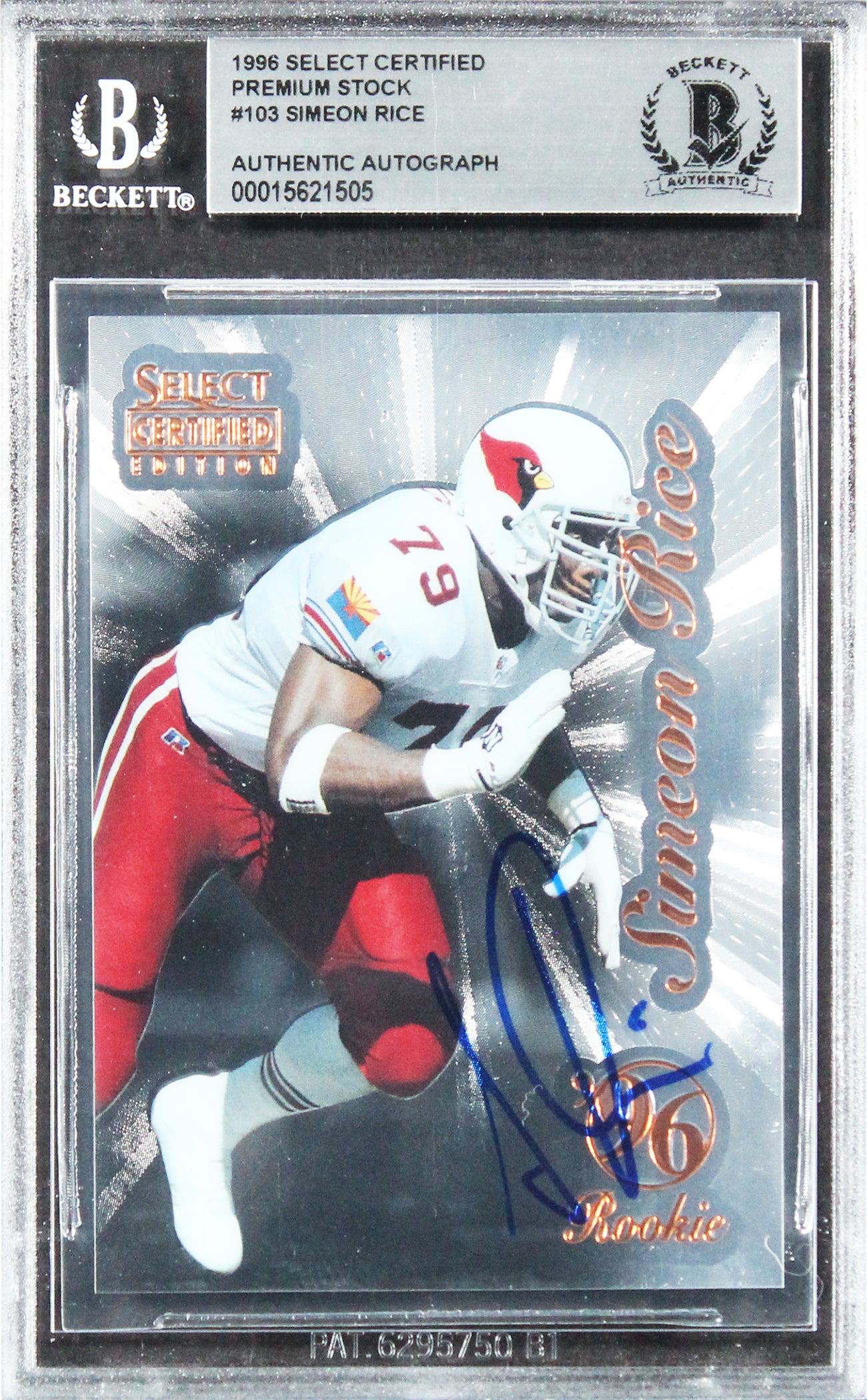 Cardinals Simeon Rice Signed 1996 Select Certified #103 Rookie Card BAS Slab 2