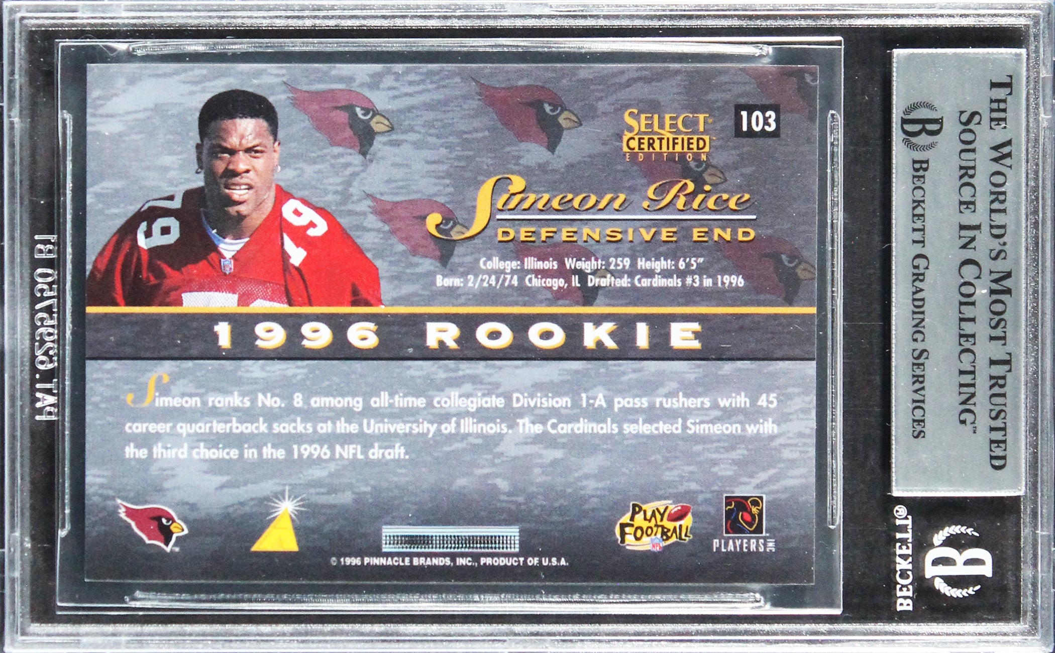 Cardinals Simeon Rice Signed 1996 Select Certified #103 Rookie Card BAS Slab 2