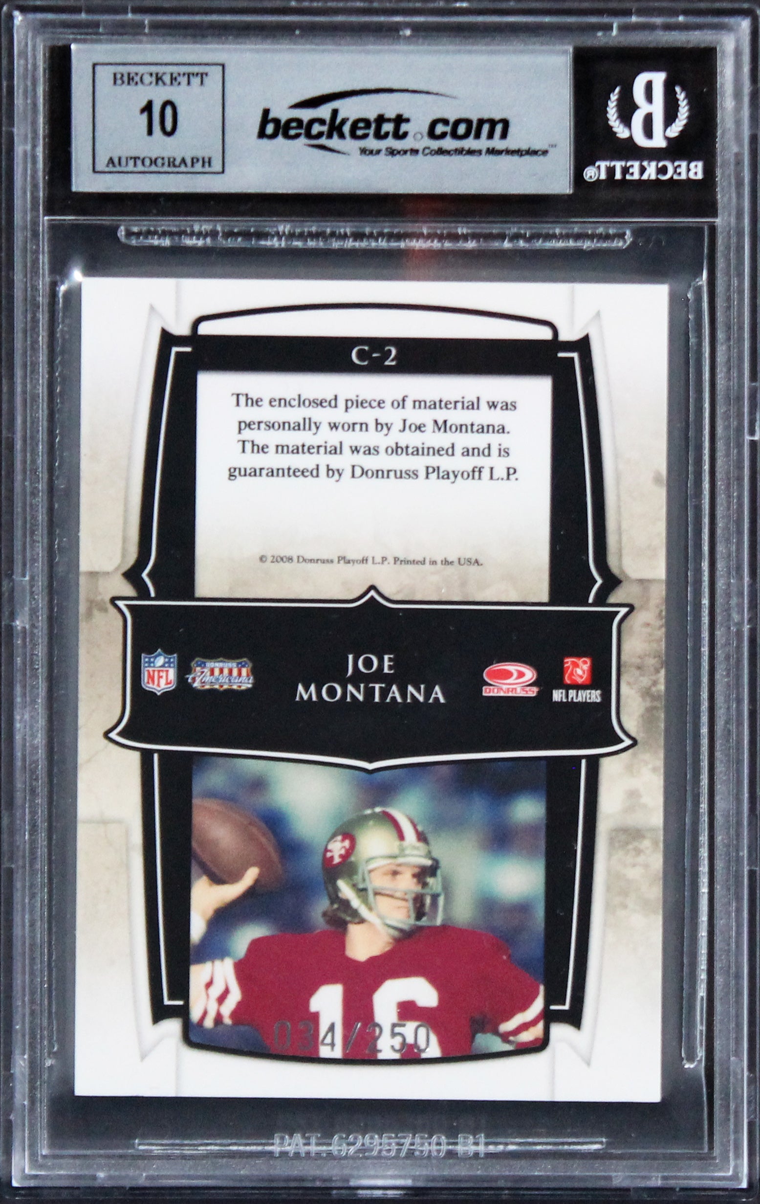 49ers Joe Montana Signed 2008 Donruss SL #2 #034/250 Card Auto 10! BAS Slabbed