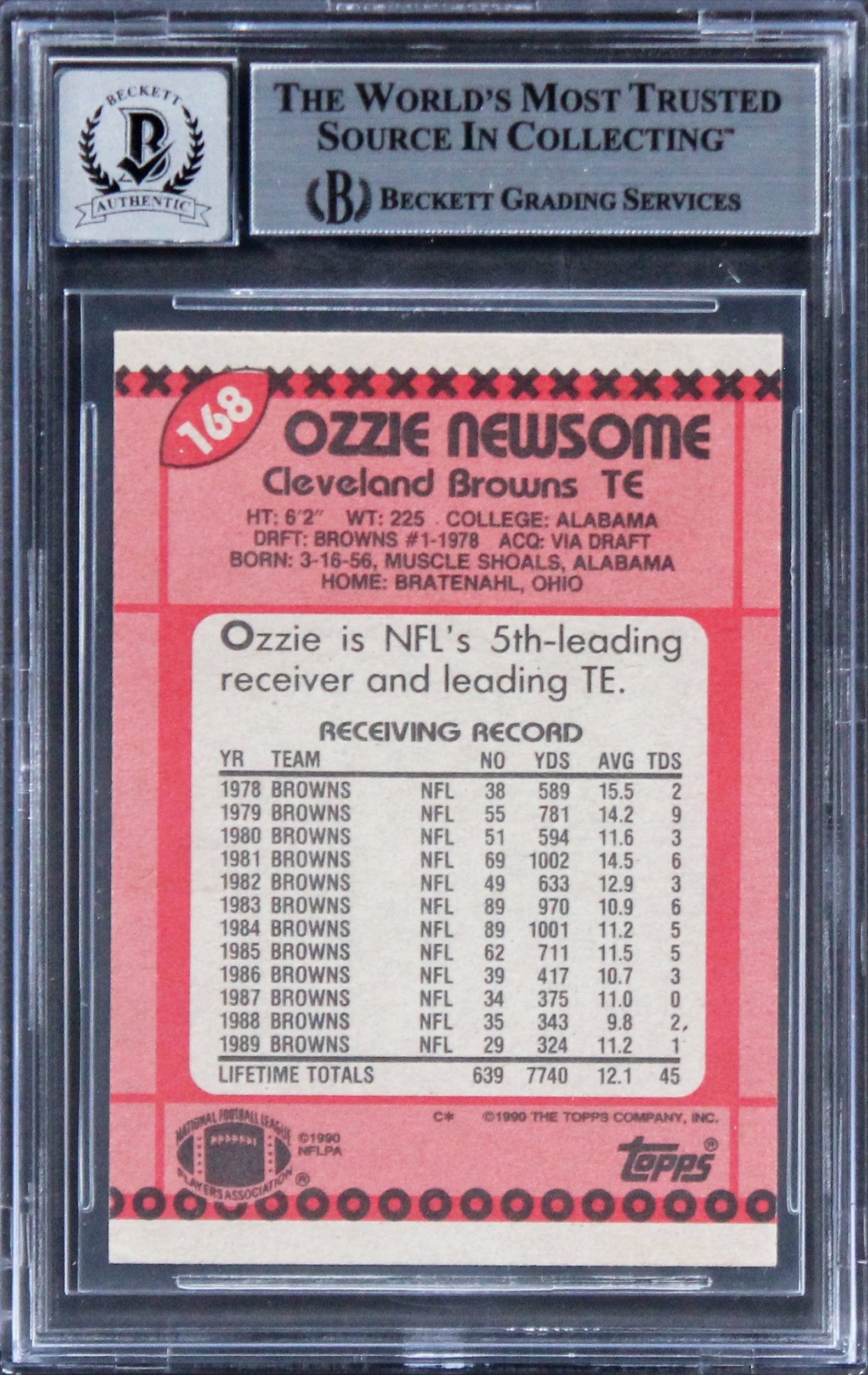 Browns Ozzie Newsome "HOF 99" Signed 1990 Topps #168 Card Auto 10! BAS Slabbed