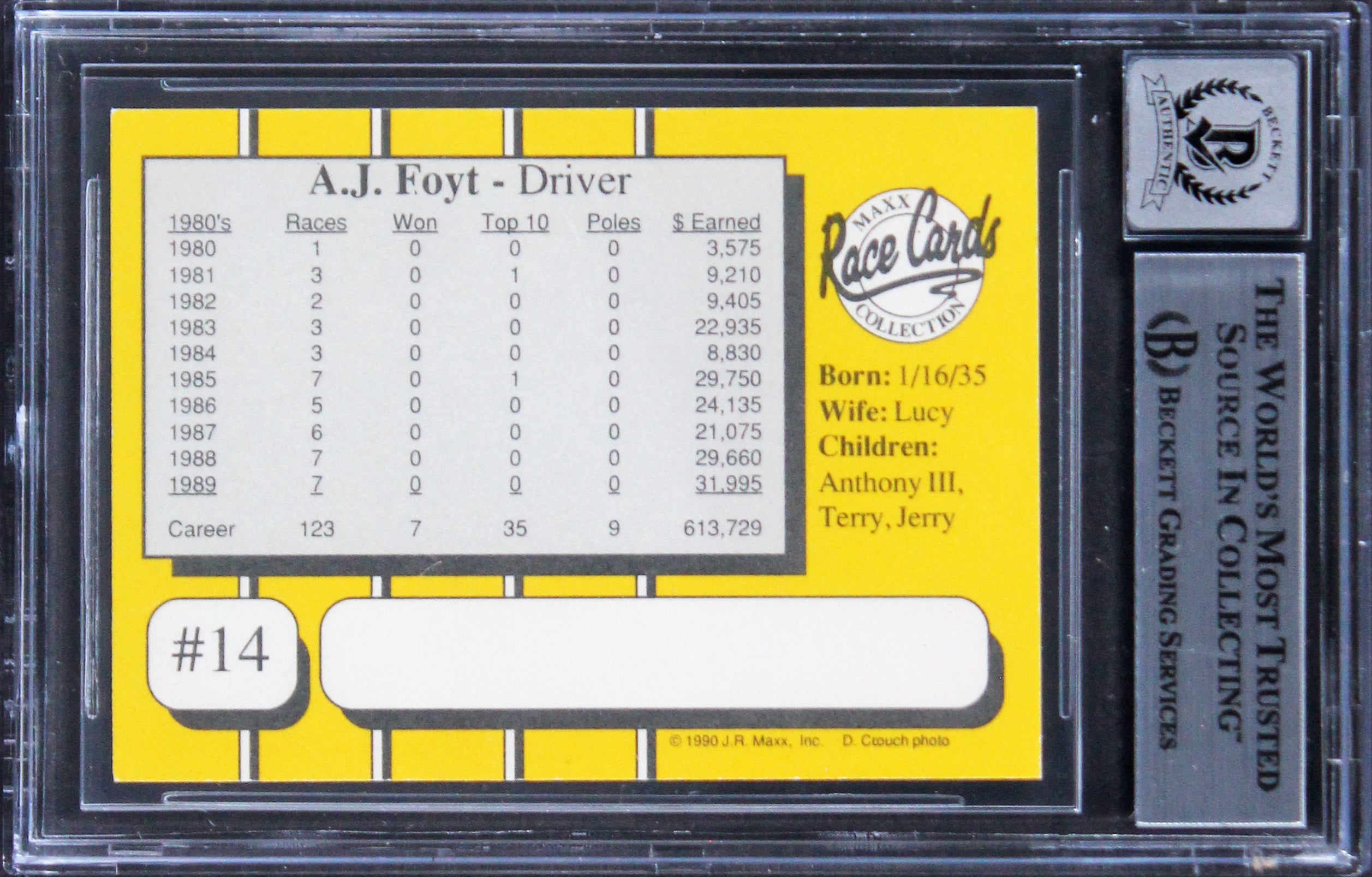 A.J. Foyt NASCAR Authentic Signed 1990 Maxx Glossy #14 Card Auto 10! BAS Slabbed