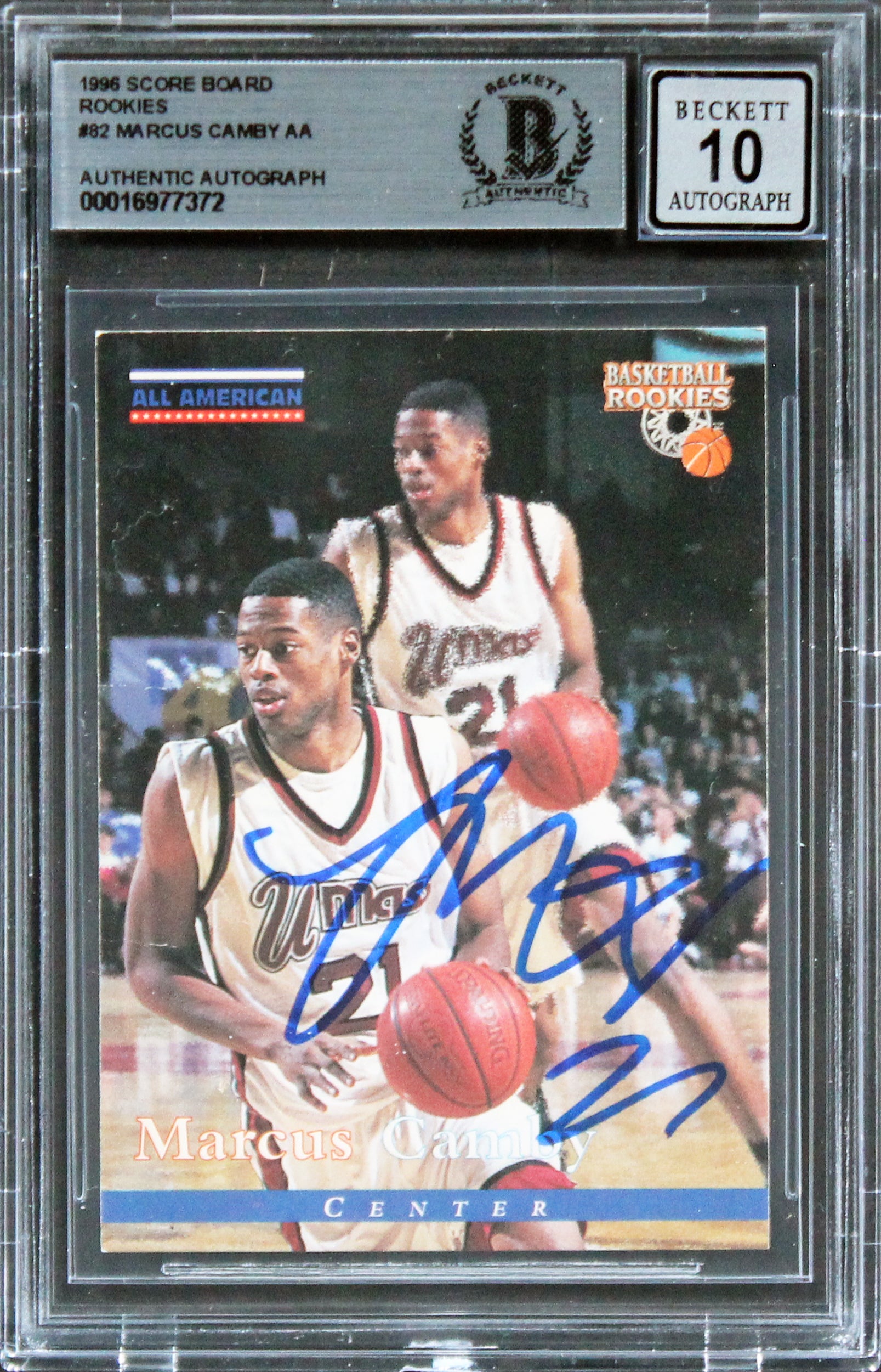 Raptors Marcus Camby Signed 1996 Score Board #82 Rookie Card Auto 10! BAS Slab